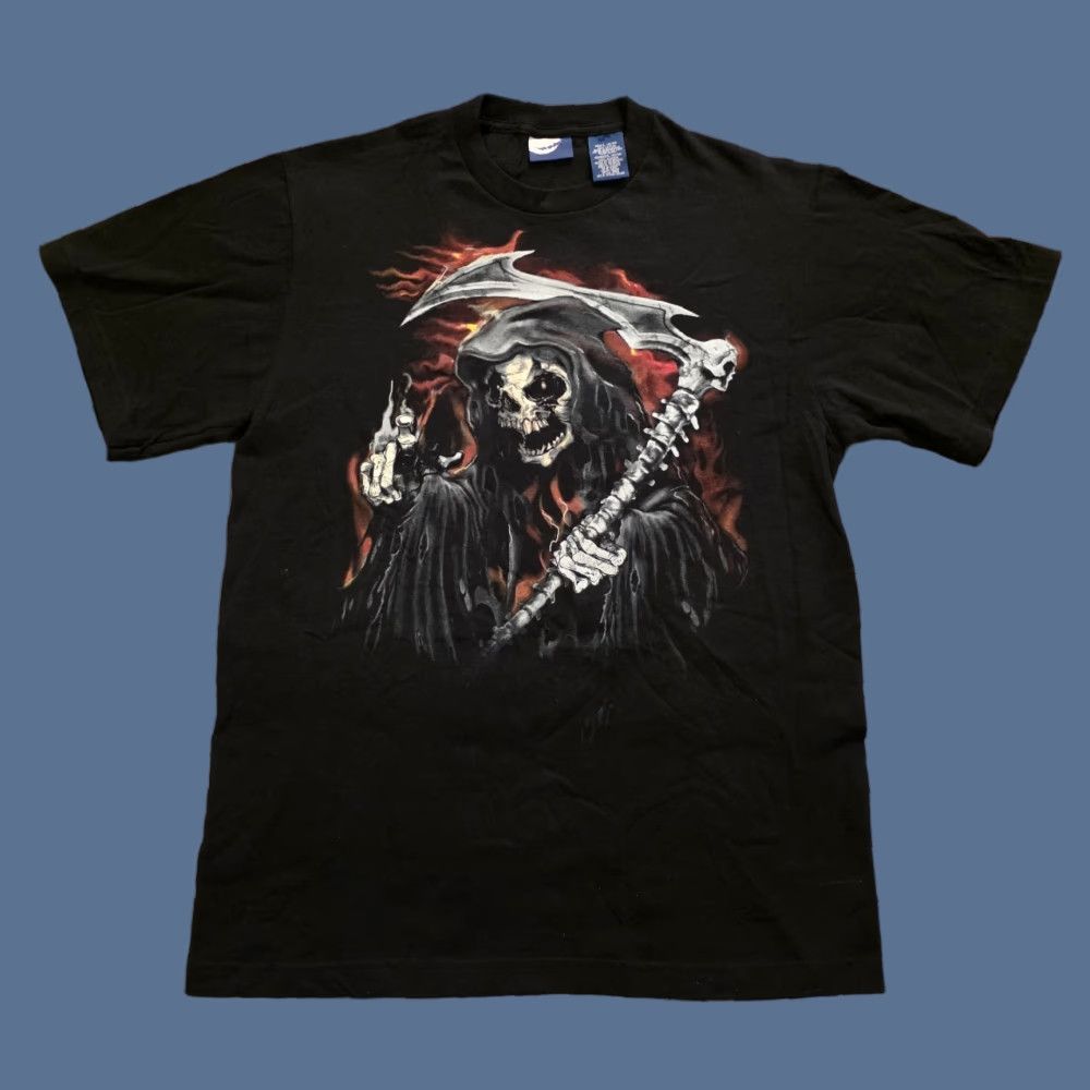 Vintage VINTAGE Greensource Grim Reaper Flames Graphic T-shirt Black Mens Large Deadstock Size US L / EU 52-54 / 3 - 1 Thumbnail