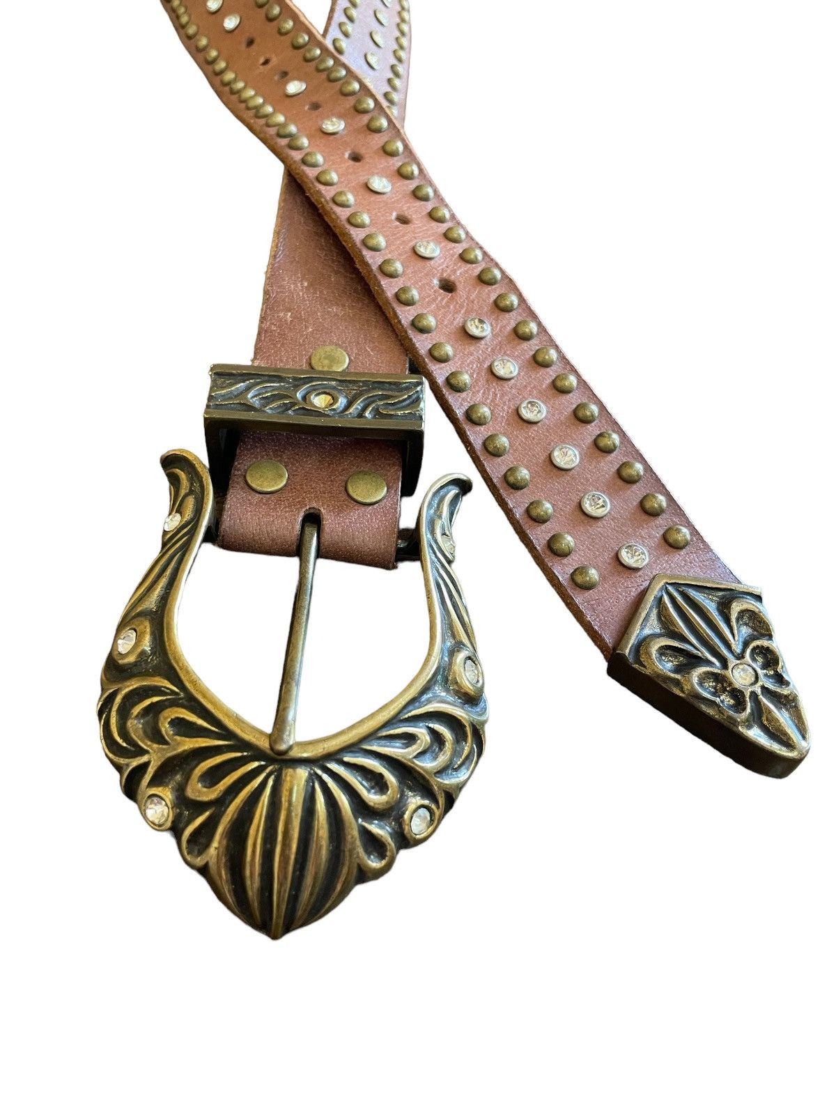 Affliction × If Six Was Nine × Le Grande Bleu (L.G.B.) Vintage Bianro Dagger Rhinestones Studded Brass Leather Belt Size ONE SIZE - 5 Thumbnail