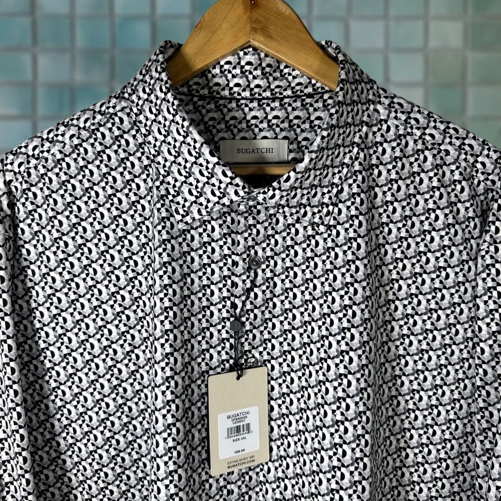 BUGATCHI BUGATCHI OoohCotton Tech Shirt Geometric Print Mens 3XL Cement Big & Tall Button-Up Collared Short Sleeve? Size US XXL / EU 58 / 5 - 1 Thumbnail