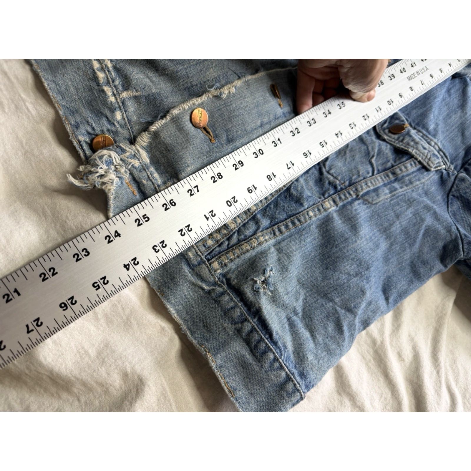 VINTAGE Mavericks Trucker Jacket Mens 42 Blue Denim Distressed Blue Bell Regular Jacket Mens Background edited