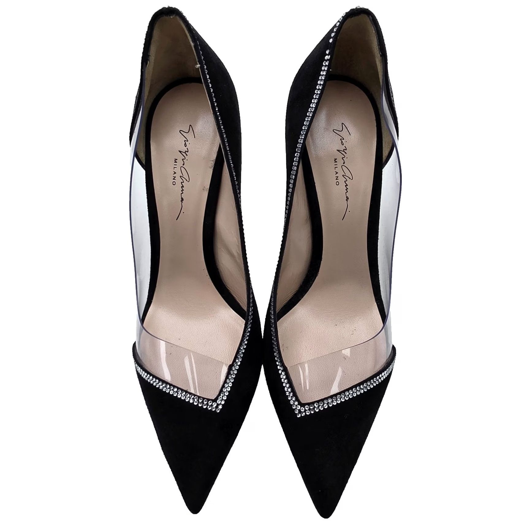 Giorgio Armani Giorgio Armani Pumps in Suede & PVC Size 39 - Asymmetric Strass Beaded Pointed Toe Stiletto Heel, Black, Women's Pump Display Piece Size US 9 / IT 39 - 2 Thumbnail