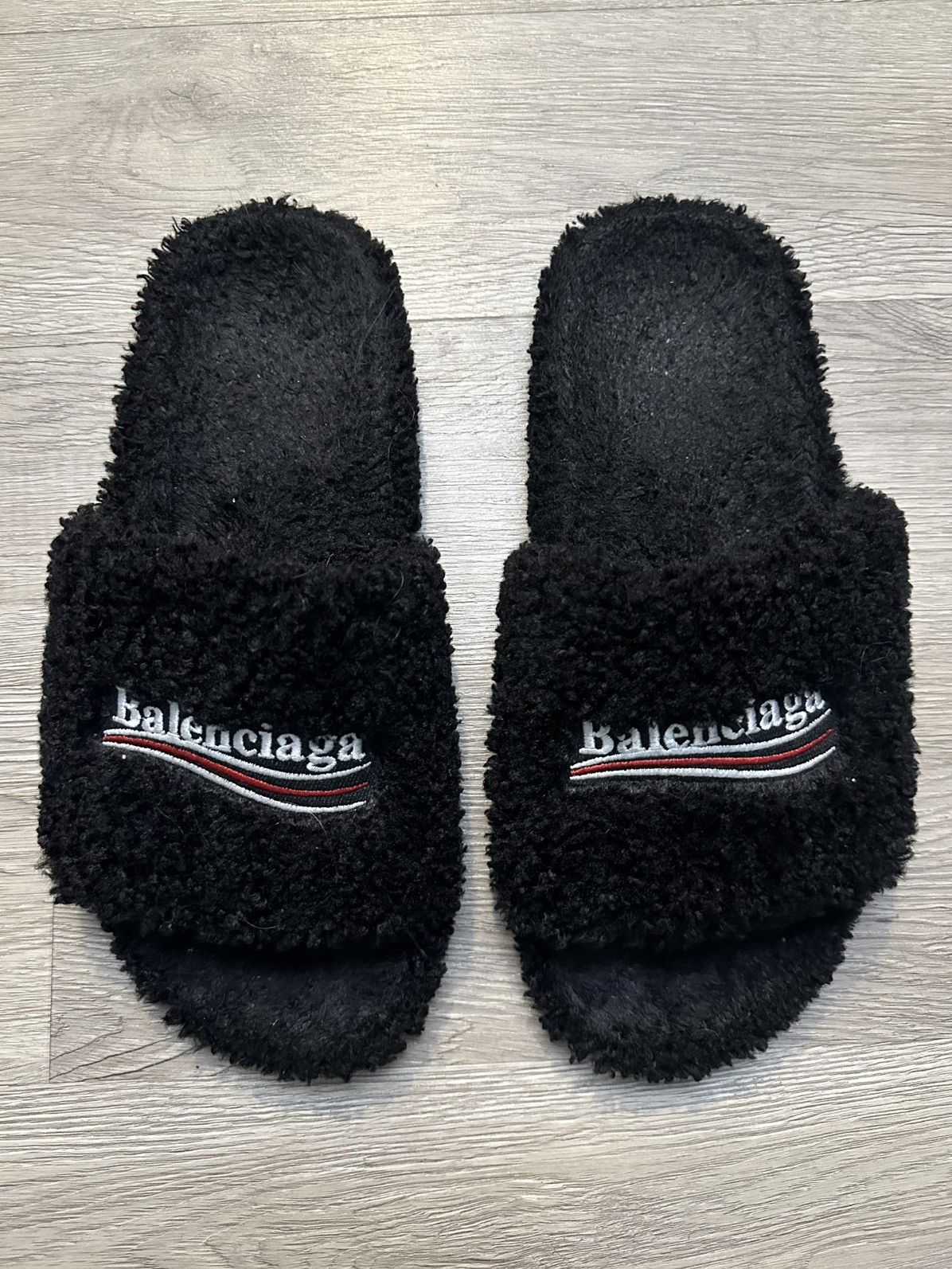 Pre-owned Balenciaga Fur Slides Size 13 (46 Eu) In Black