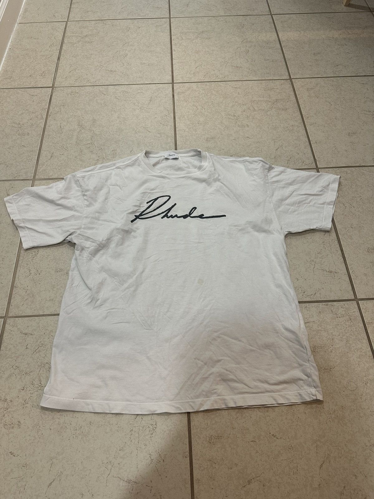 Image of Rhude Cursive Graphic Tee Logo Script in White, Men's (Size 2XL)