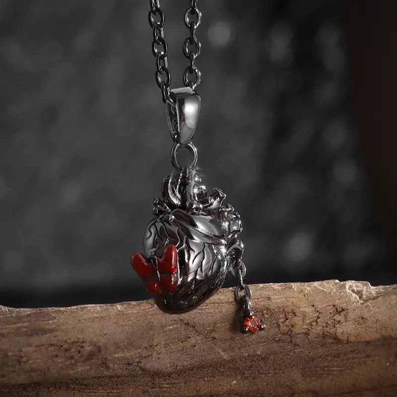 Jewelry Black Anatomical Red Zircon Heart Pendant Necklace Size ONE SIZE - 1 Thumbnail