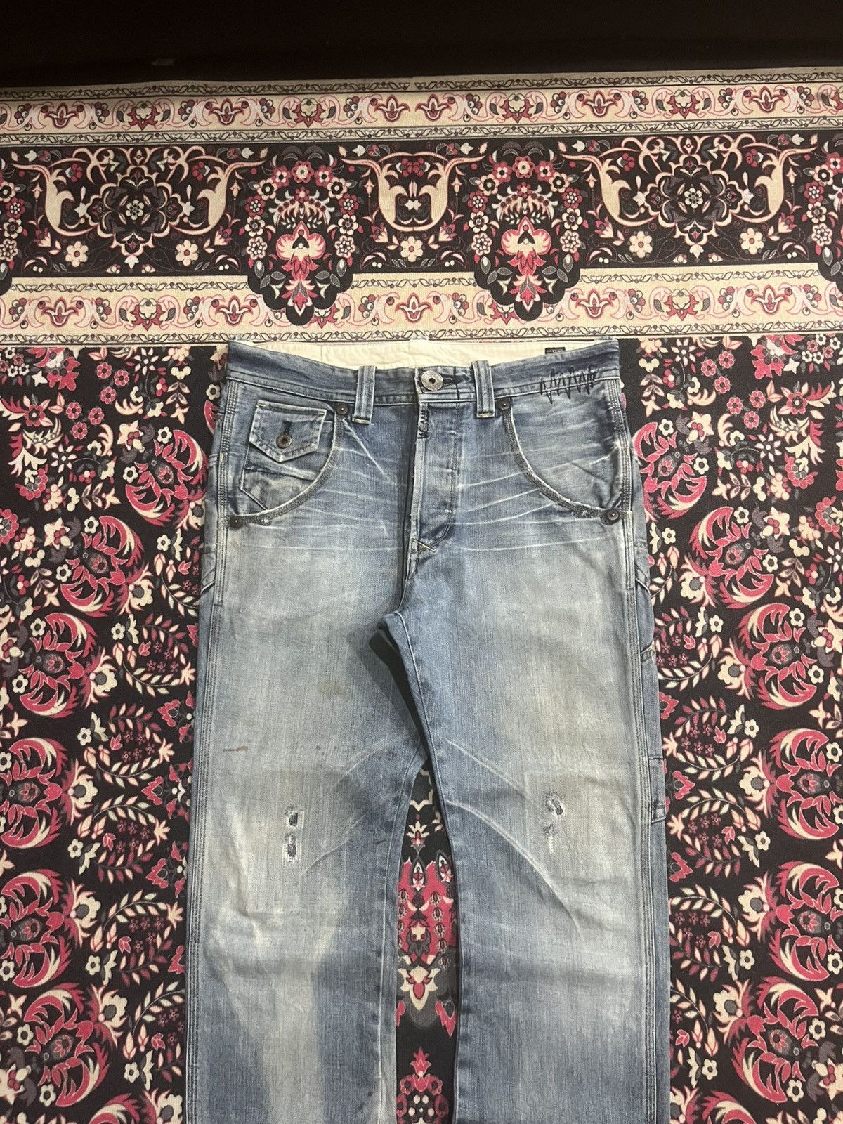 Le Grande Bleu (L.G.B.) Japanese Brand Bartack Cinch Back Whisker Blue Washed Jeans Size US 34 / EU 50 - 3 Thumbnail
