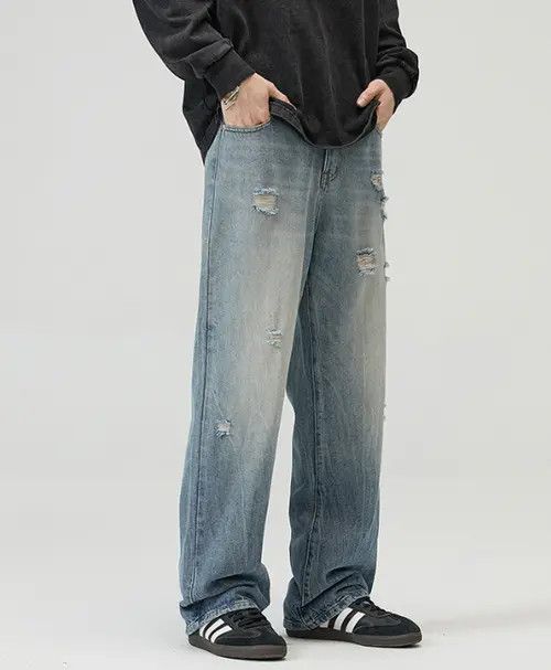 VIBE Men's straight wide-leg vintage washed ripped baggy jeans Size US 32 / EU 48 - 4 Thumbnail