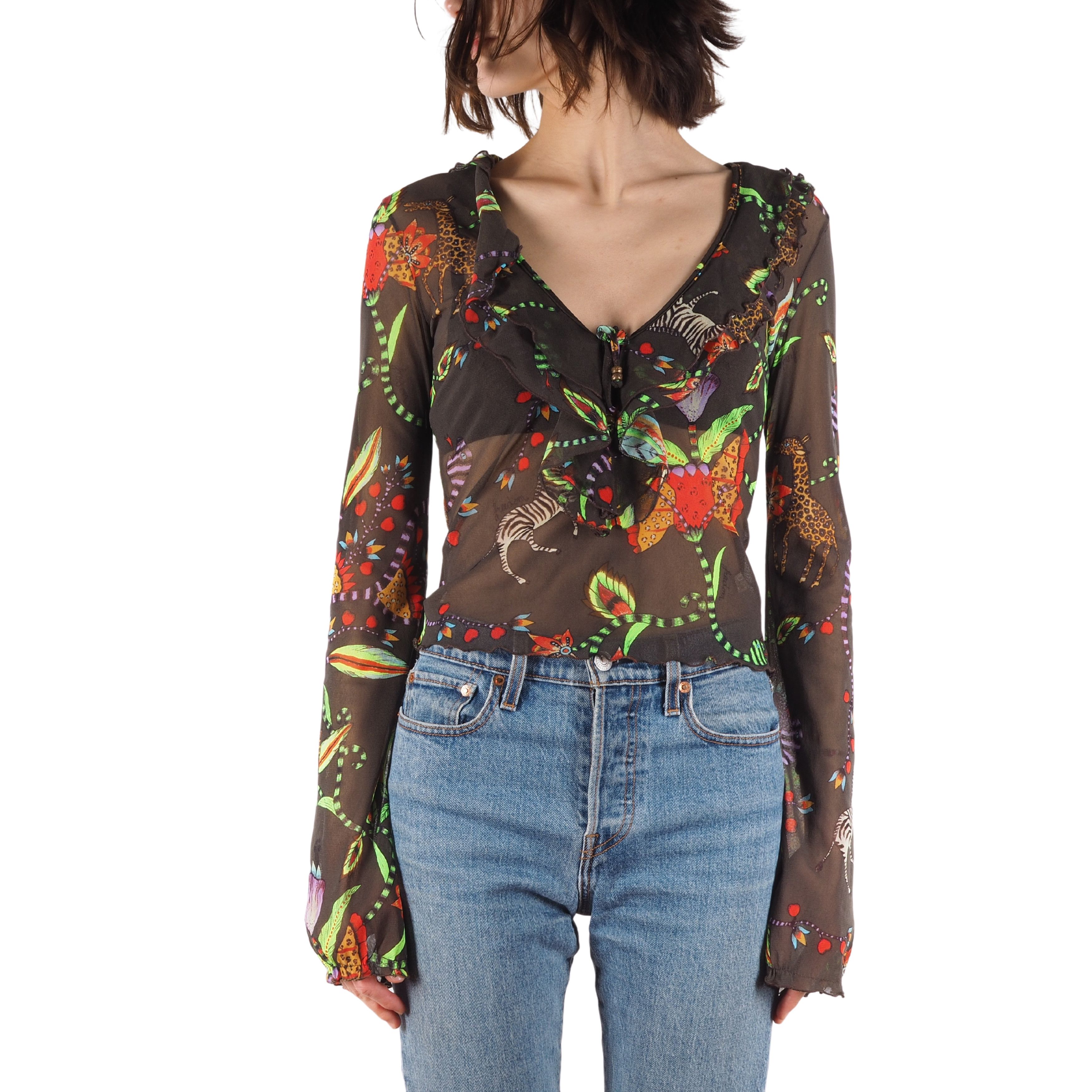 image of Archival Clothing x Roberto Cavalli Vintage Floral Mesh Sheer Long sleeve Top Blouse, Women's (Size