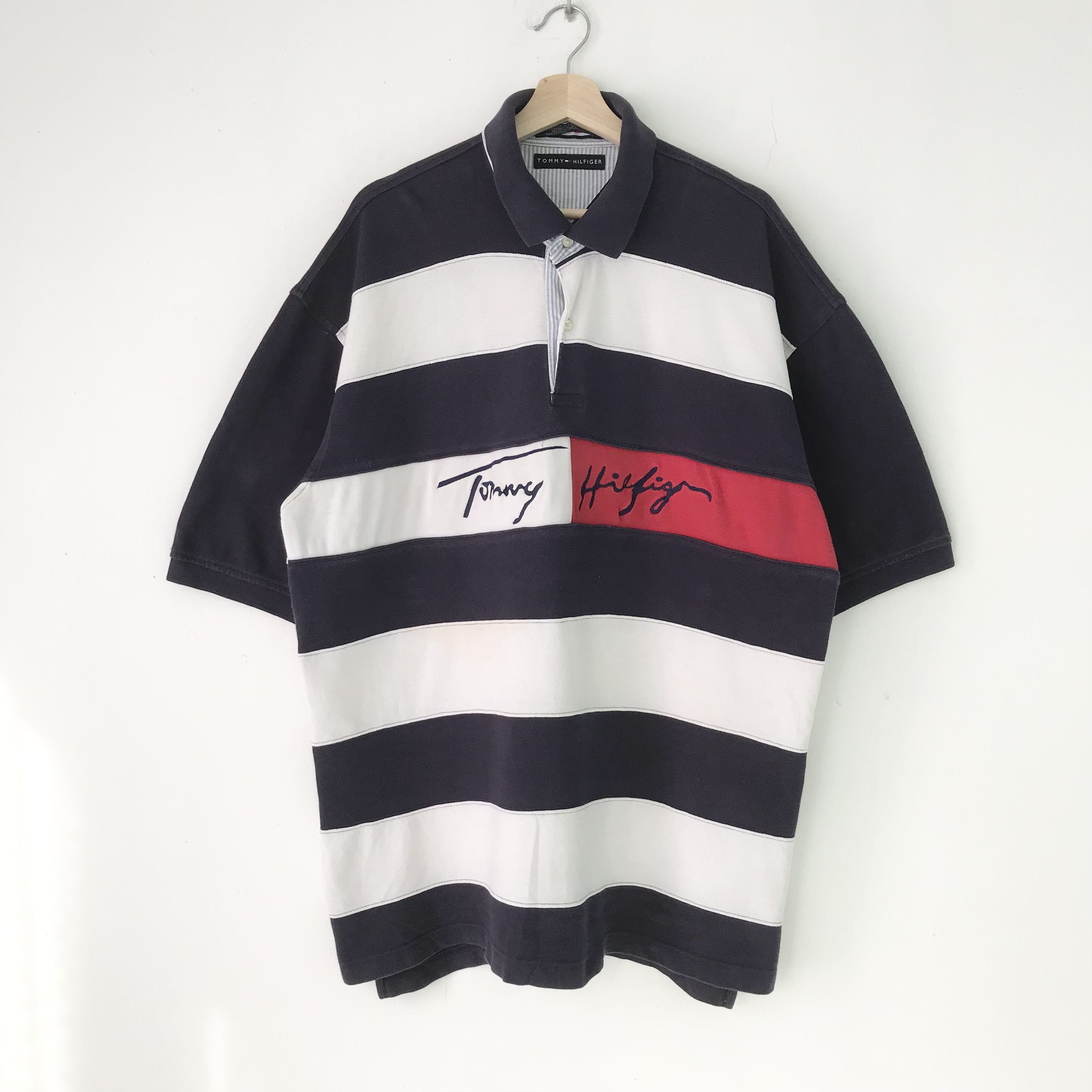 image of 90's Tommy Hilfiger Polo Shirt Big Stripes Hip Hop in Blue/White, Men's (Size 2XL)