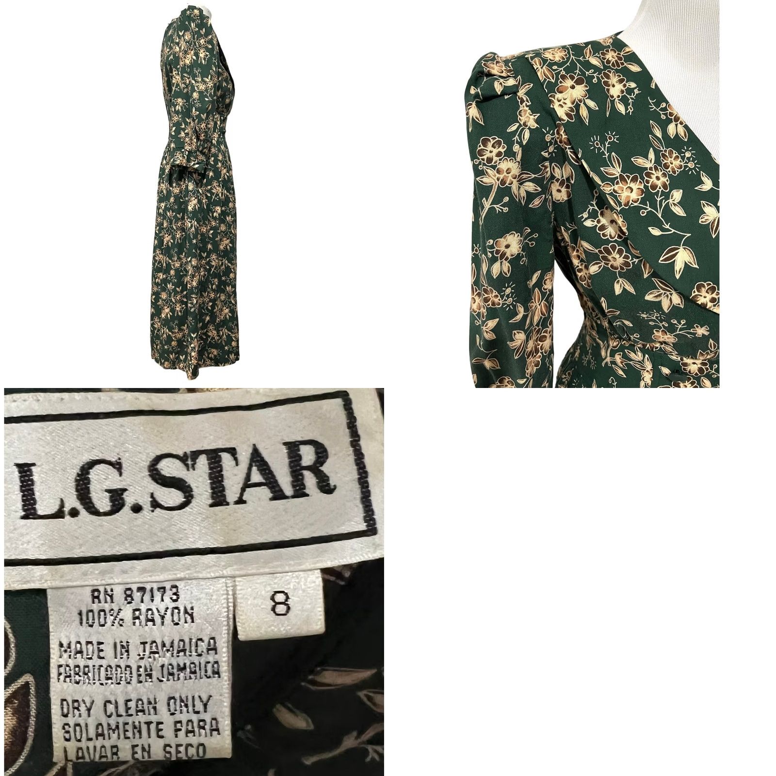 L.G.R VINTAGE L.G. Star Green Floral Midi Dress Collar Pleated Shoulders Women’s Sz 8 Dress Women Green Floral Midi L.G. Star Vintage Size 8 Size M / US 6-8 / IT 42-44 - 8 Thumbnail