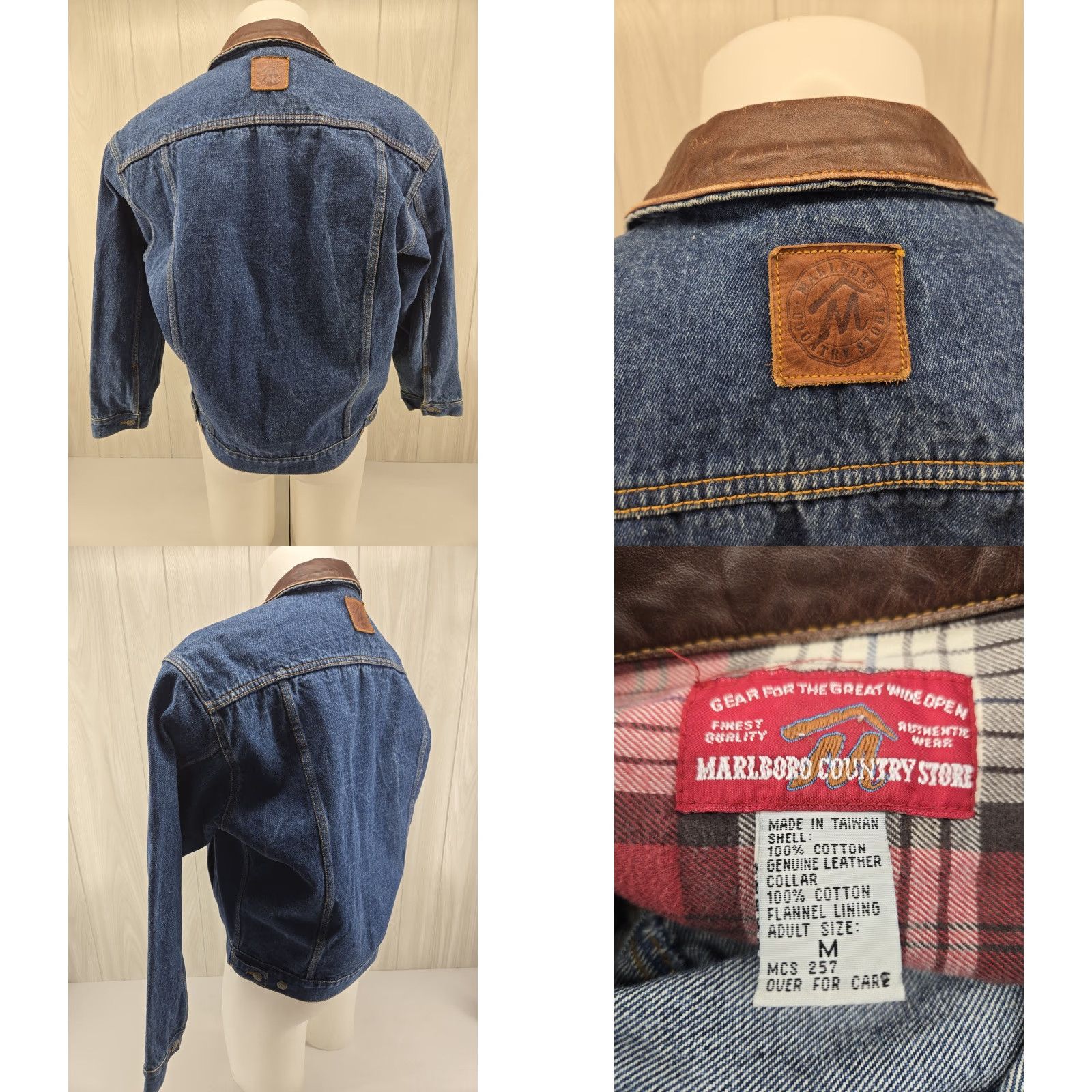 Marlboro VINTAGE Marlboro Country Store Denim Jean Jacket Unisex Adults Medium Blue Leather Collar 90s Western Trucker Jacket Size US 31 - 9 Thumbnail