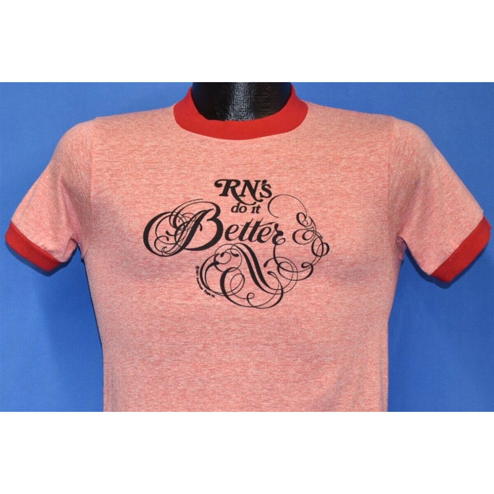 image of Vintage VTG 70's Rn's Do It Better Ringer Registered Nurse Funny Cute Humor Red T-Shirt S in White 