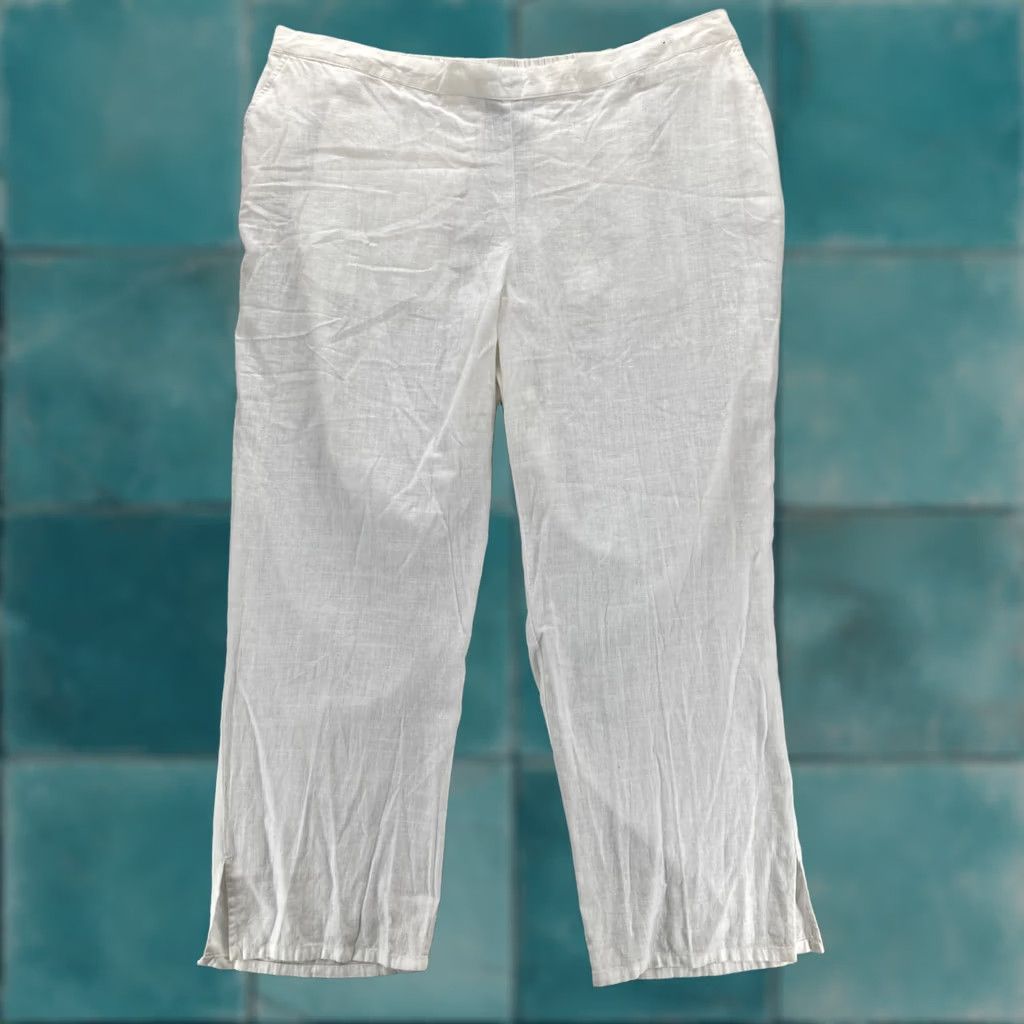 Vintage Catherines Pull On Straight Leg Pants Women's Plus 2X White Linen Blend Beach Casual Travel Workwear Comfort Elastic Waist Pockets Size 30" / US 8 / IT 44 - 1 Thumbnail