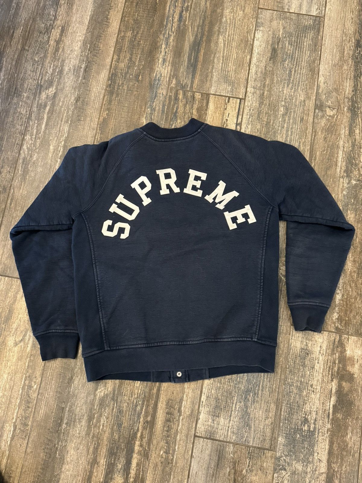 image of Supreme Snap Front Arc Logo Varsity Jacket in Navy, Men's (Size Medium)