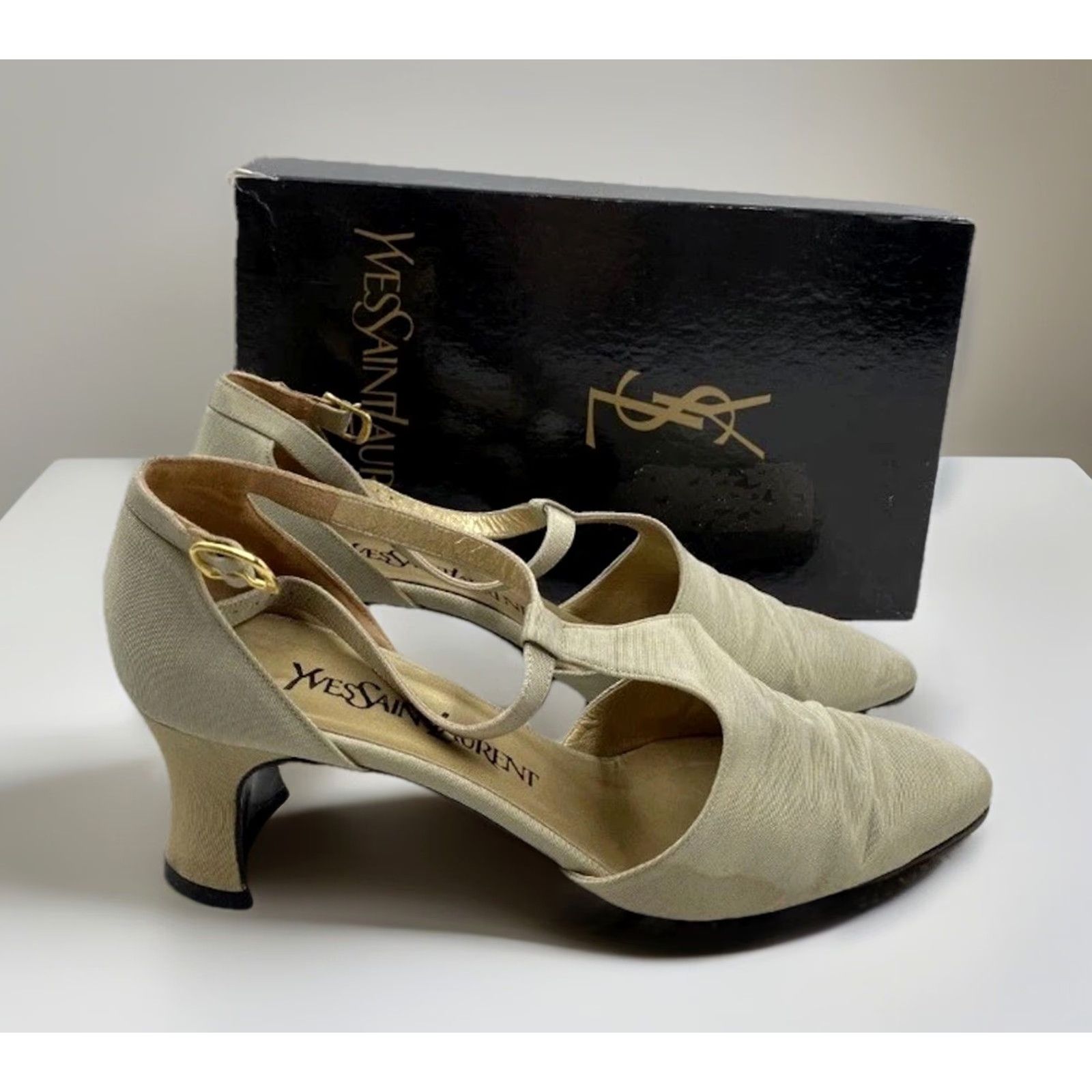 Yves Saint Laurent VINTAGE Yves Saint Laurent YSL Champagne Slingback Heels Size 6.5 US 37 EU Grey Leather Buckle Pointed Toe Box Womens Shoes Size US 7 / IT 37 - 2 Thumbnail
