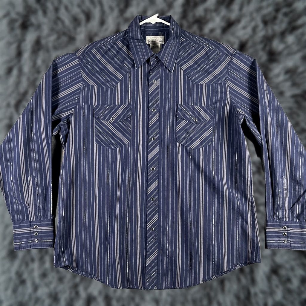 Wrangler Wrangler Wrancher Shirt Mens XL Blue Striped Western Pearl Snap Long Sleeve Rodeo Size US XL / EU 56 / 4 - 1 Thumbnail