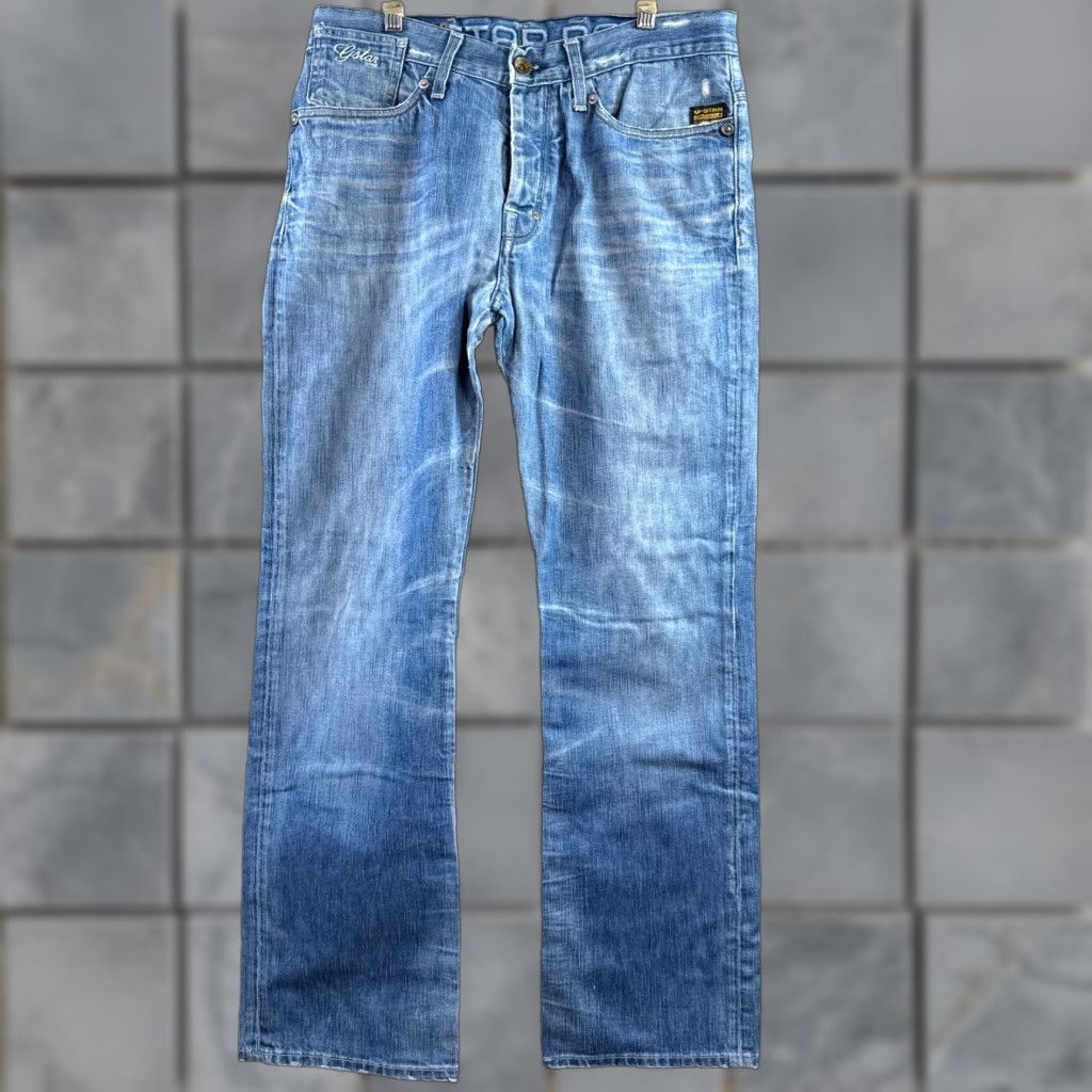 G-Star G Star Raw Jeans Mens 34x32 Blue Coder Button Fly Faded Distressed Denim 5-Pocket Straight Regular Jeans Mens XS? Size US 33 - 1 Thumbnail