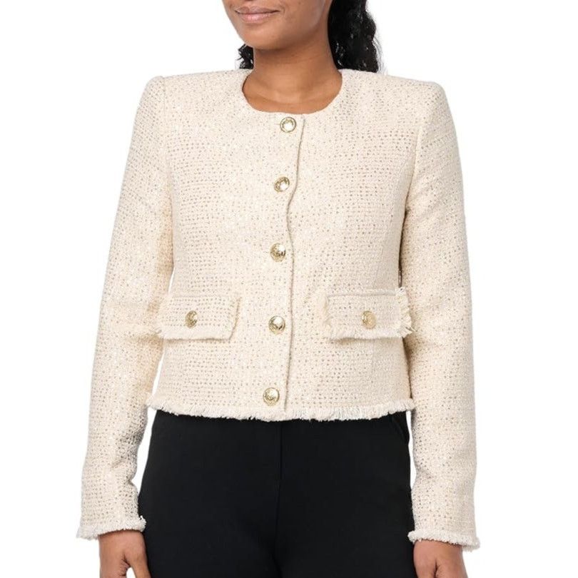 Bcbgmaxazria BCBGMAXAZRIA White Short Tweed Jacket Blazer Cream M Size M / US 6-8 / IT 42-44 - 1 Thumbnail