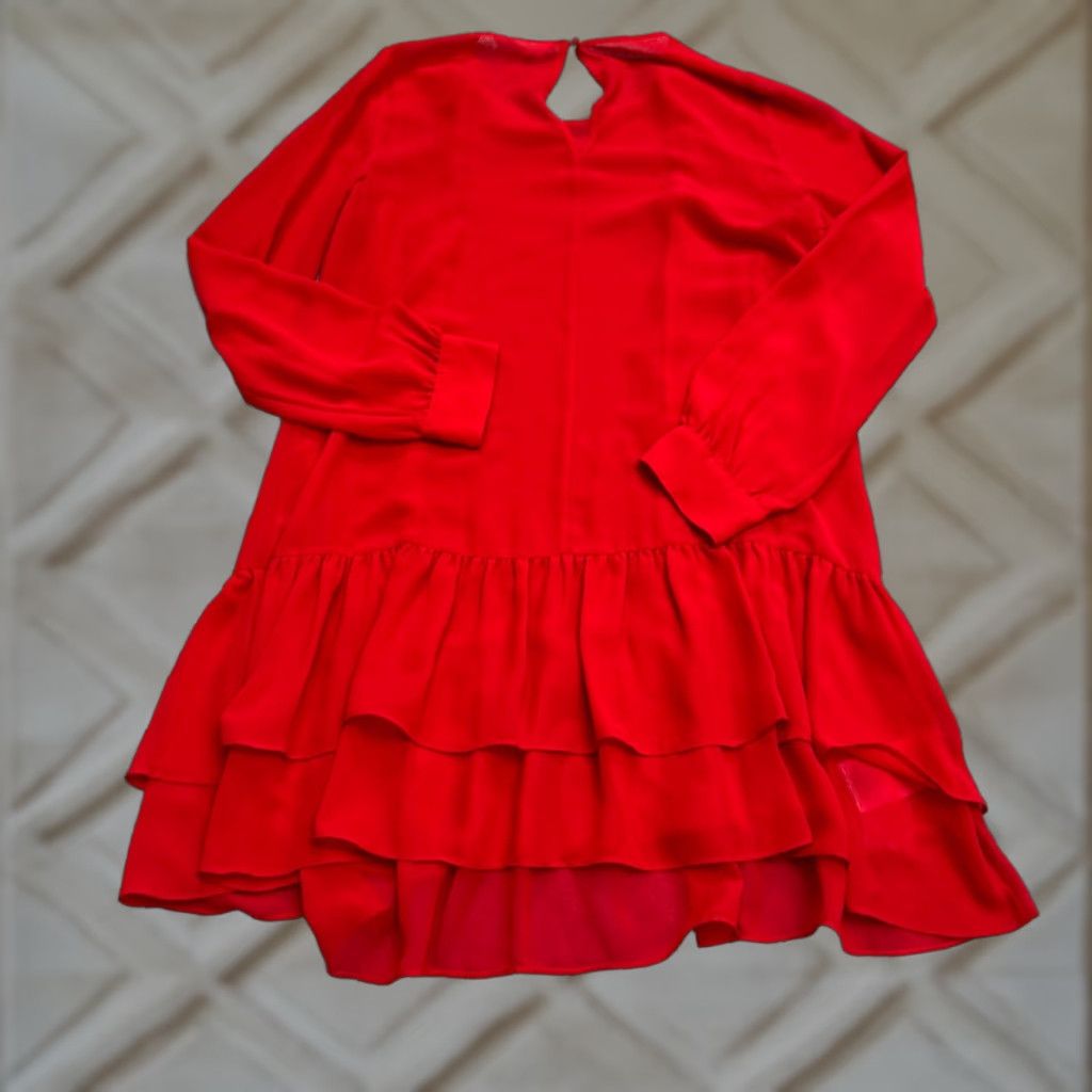 BCBGeneration BCBGeneration Dress Womens L Mini Red Long Sleeve Chiffon Ruffle Tiered Solid NWOT Size L / US 10 / IT 46 - 1 Thumbnail