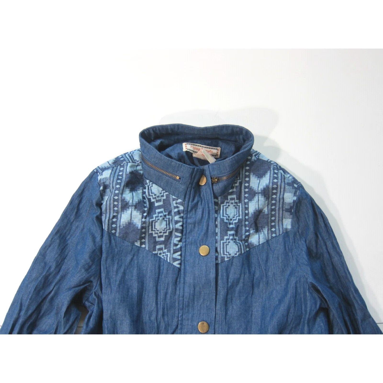 Vintage Flying Tomato 100% Cotton Tribal Blue Denim High Neck Long Zip Jacket Women S Size S / US 4 / IT 40 - 5 Thumbnail