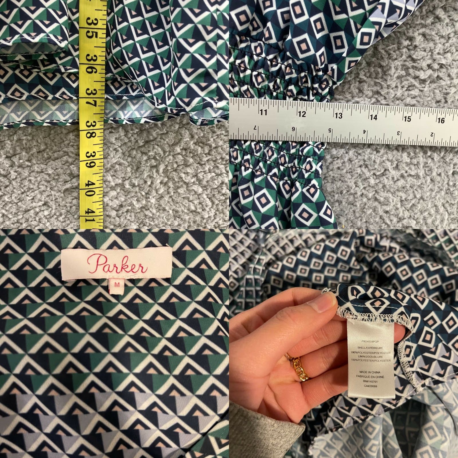 Parker Parker Mini Dress Sz M Blue Green Printed Short Sleeve A-Line Ruffle Smocked Geometric V-Neck Cap/Short Sleeve? Size 32" / US 10 / IT 46 - 8 Thumbnail