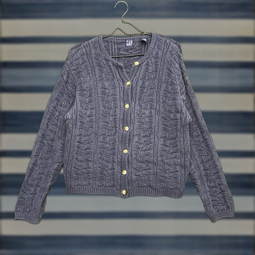 Vintage L.L. Bean Cable Knit Cardigan Sweater Womens Large Navy Blue Cotton Cable-Knit Button Front Cardigan, Regular Fit, Fall Winter | Womens Size L / US 10 / IT 46 - 1 Thumbnail