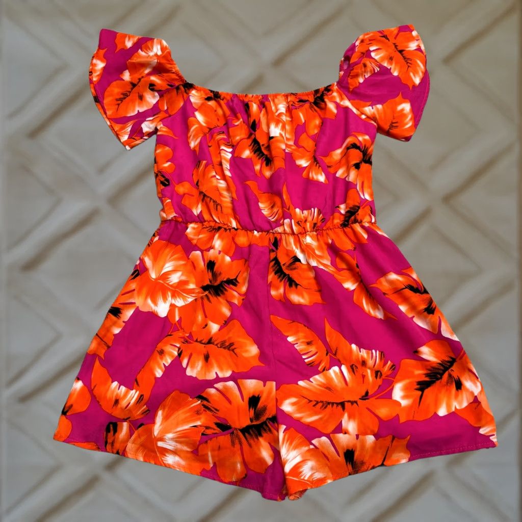 Lulus Lulus Romper Womens Large Pink Orange Tropical Leaf Print Summer Off Shoulder Size 36" / US 14 / IT 50 - 1 Thumbnail