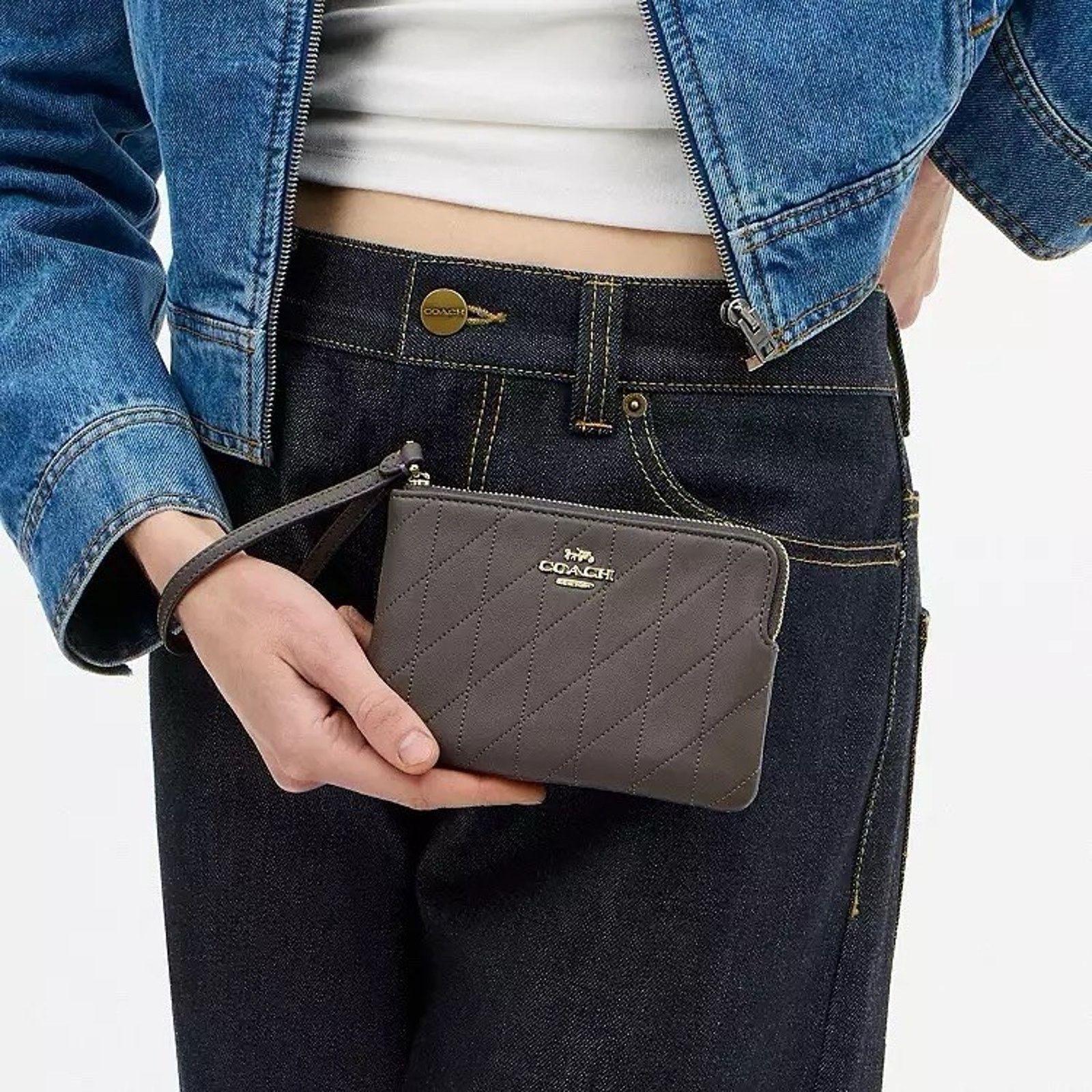 Coach NWT Coach Corner Zip Wristlet CEL99 Gold/Slate leather Size ONE SIZE - 5 Thumbnail