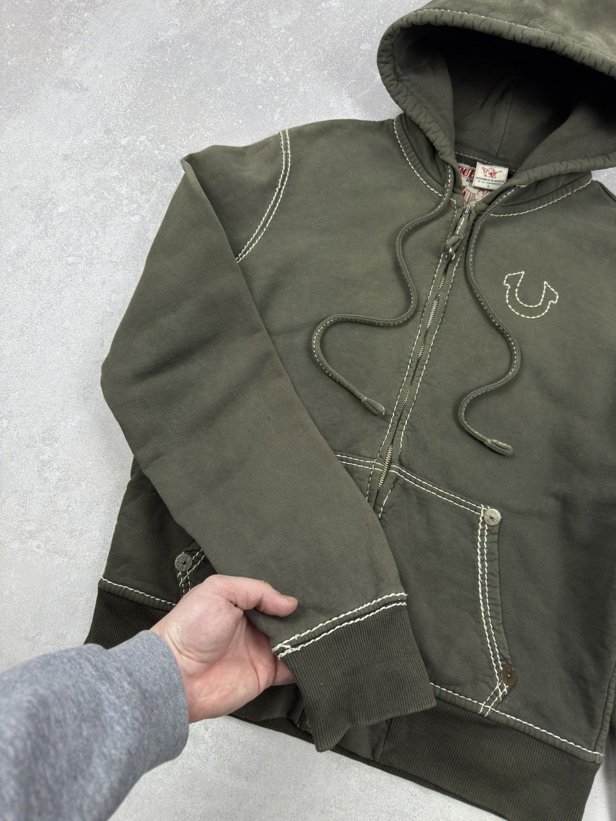 True Religion Vintage True Religion Zip Hoodie Big-T Khaki Washed Destroye Size US L / EU 52-54 / 3 - 10 Thumbnail