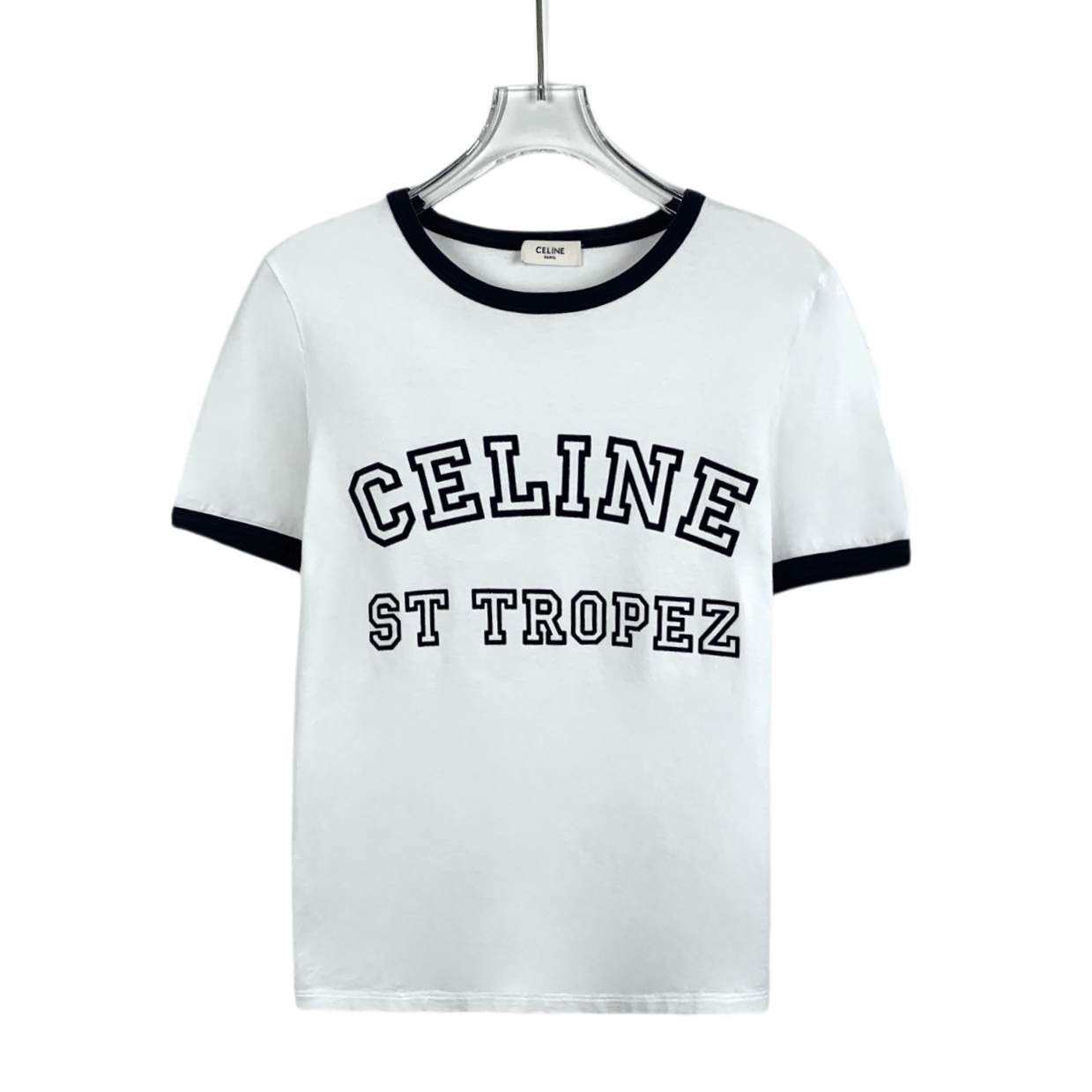 Celine CW0048 Celine St Tropez White Cotton T-Shirt With Navy