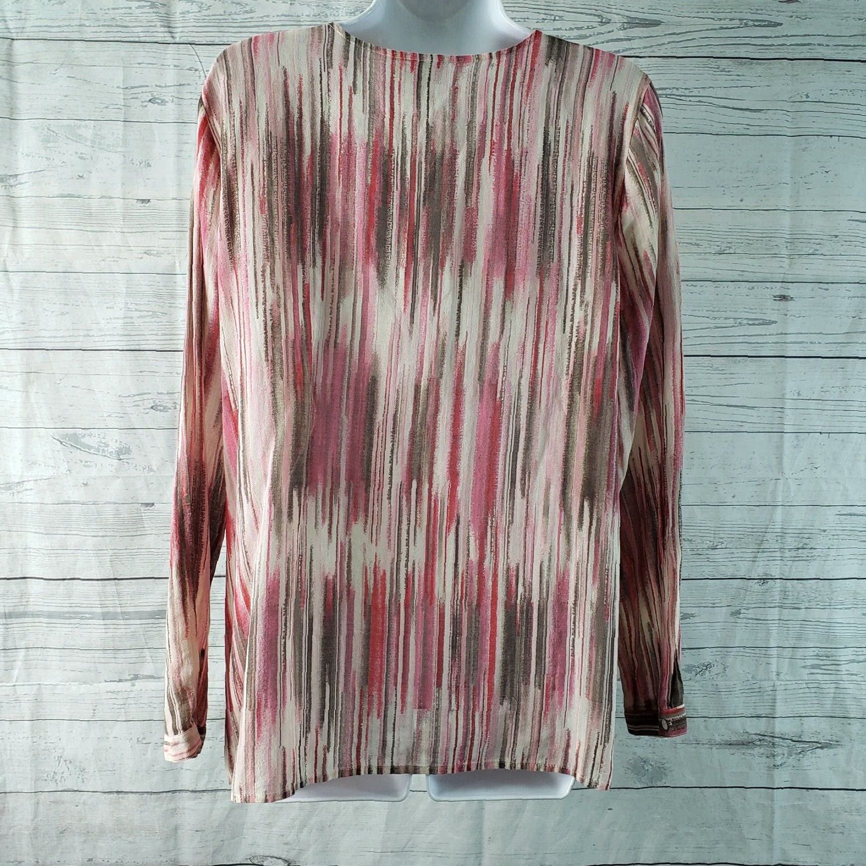 J. Jill J Jill Womens Button Front Shirt Large Pink Color Pink Gray Cotton Silk Blend Semi Sheer Button-Up Long Sleeve V-Neck Womens Shirt J Jill Size L / US 10 / IT 46 - 4 Thumbnail