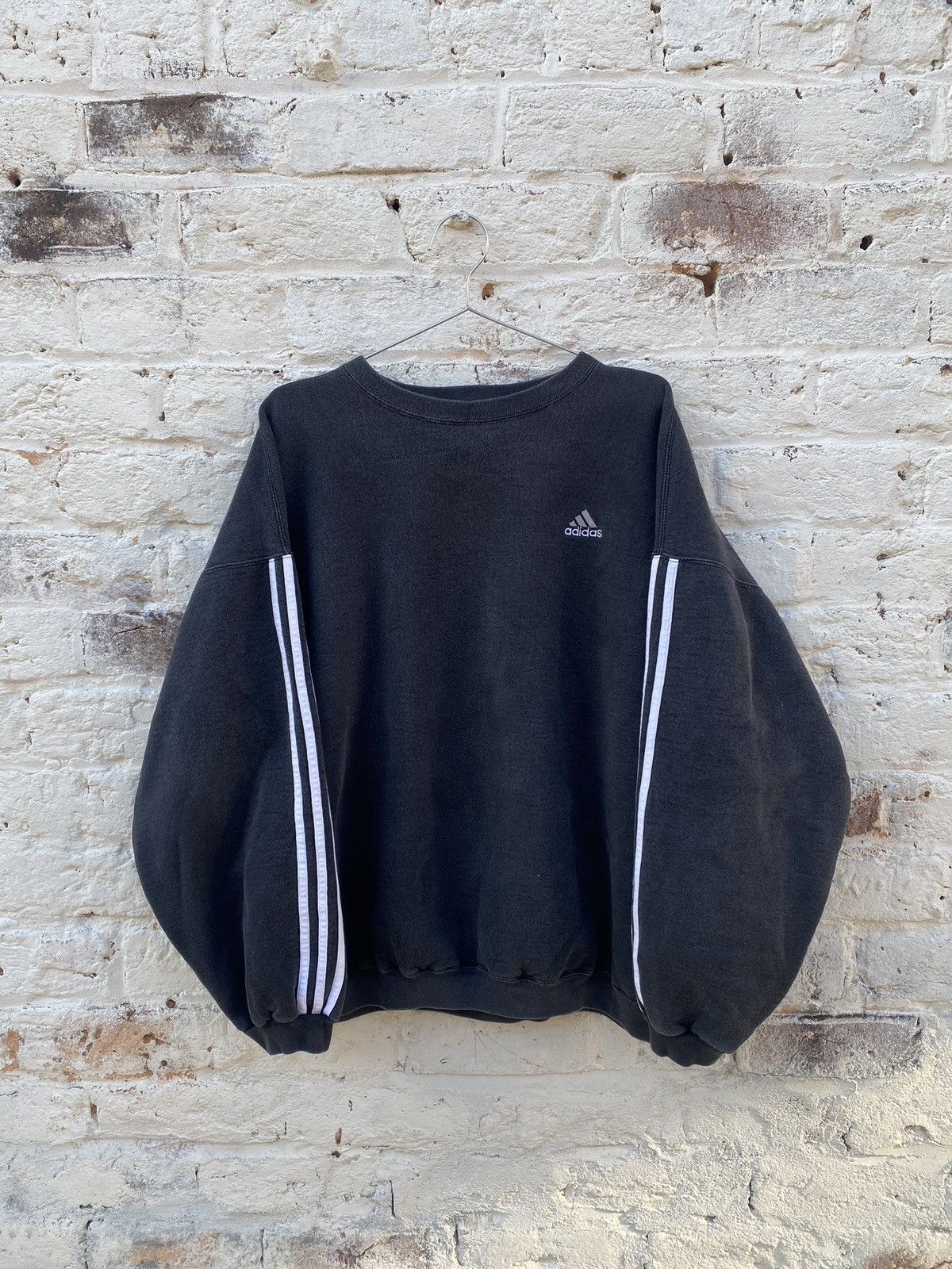 image of Adidas Boxy Essential 3 Stripe Crewneck in Black, Men's (Size 2XL)