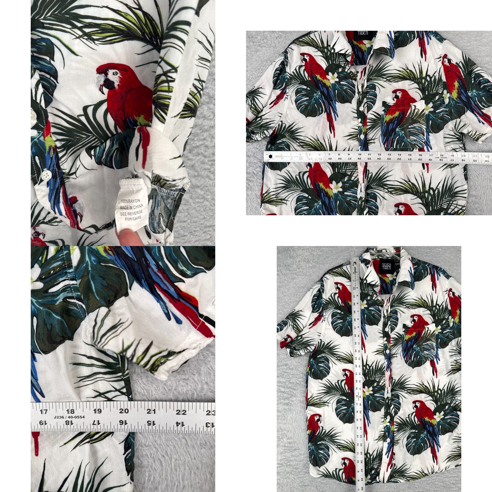 Vintage Seven Tides Shirt Men XL White Macaw Floral 100% Rayon Hawaiian Pocket Size US XL / EU 56 / 4 - 8 Thumbnail