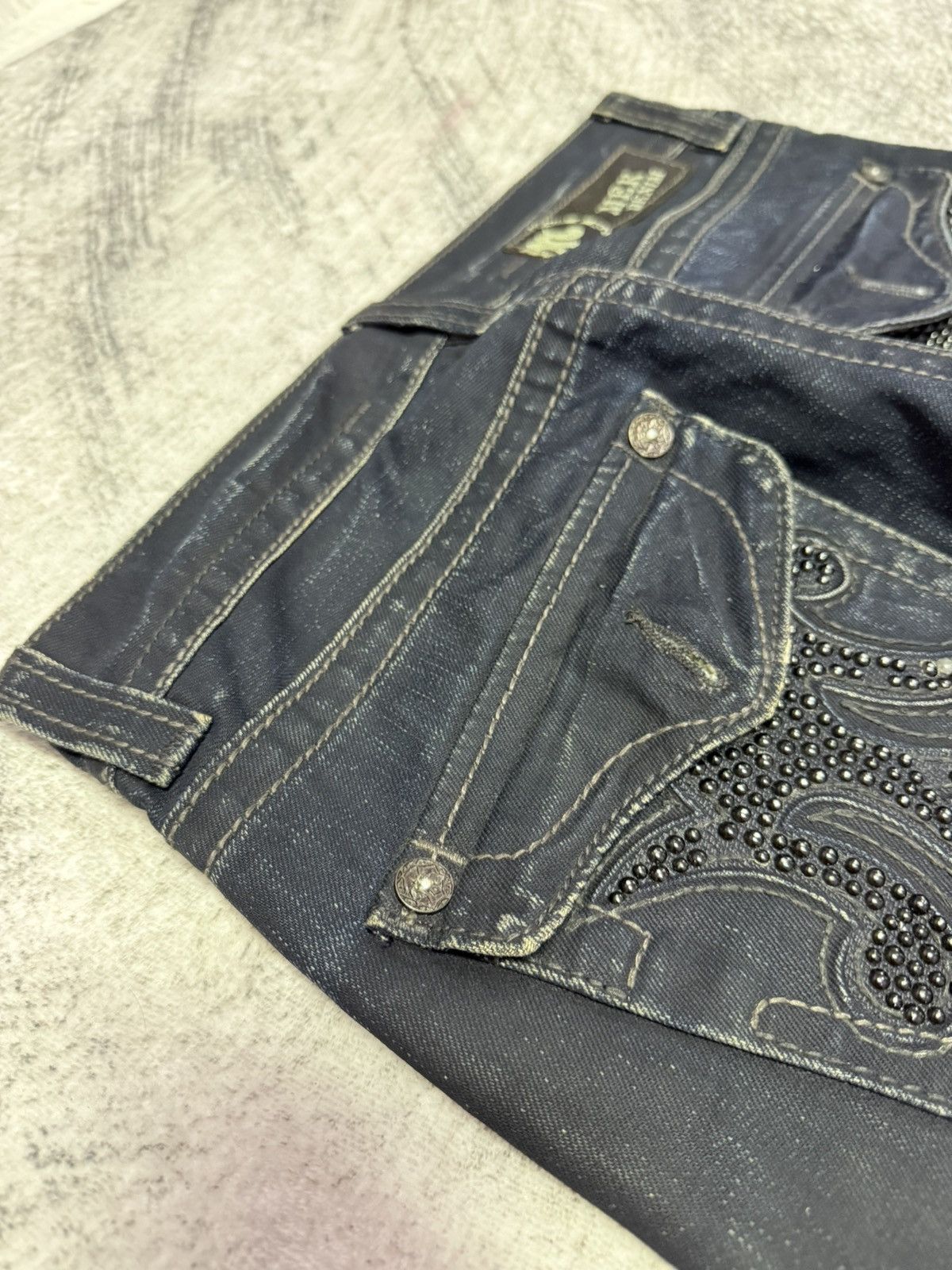 Japanese Brand × Mek Denim Mek Denim Wax Coated Studded Vegas Boot Cut Flared Jeans Size US 30 / EU 46 - 11 Thumbnail