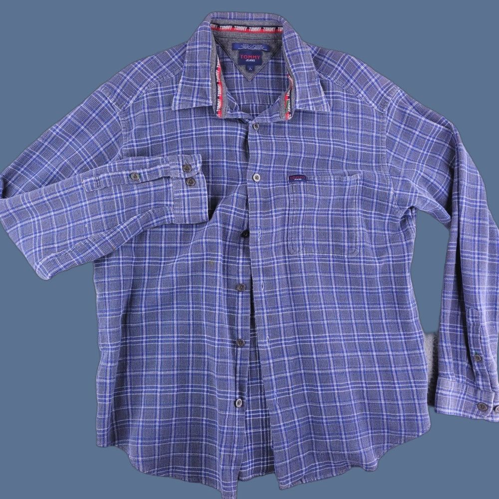Tommy Hilfiger VINTAGE Tommy Jeans Flannel Shirt Mens L Blue 90s Thick Long Sleeve Button-Up Plaid Size US L / EU 52-54 / 3 - 1 Thumbnail