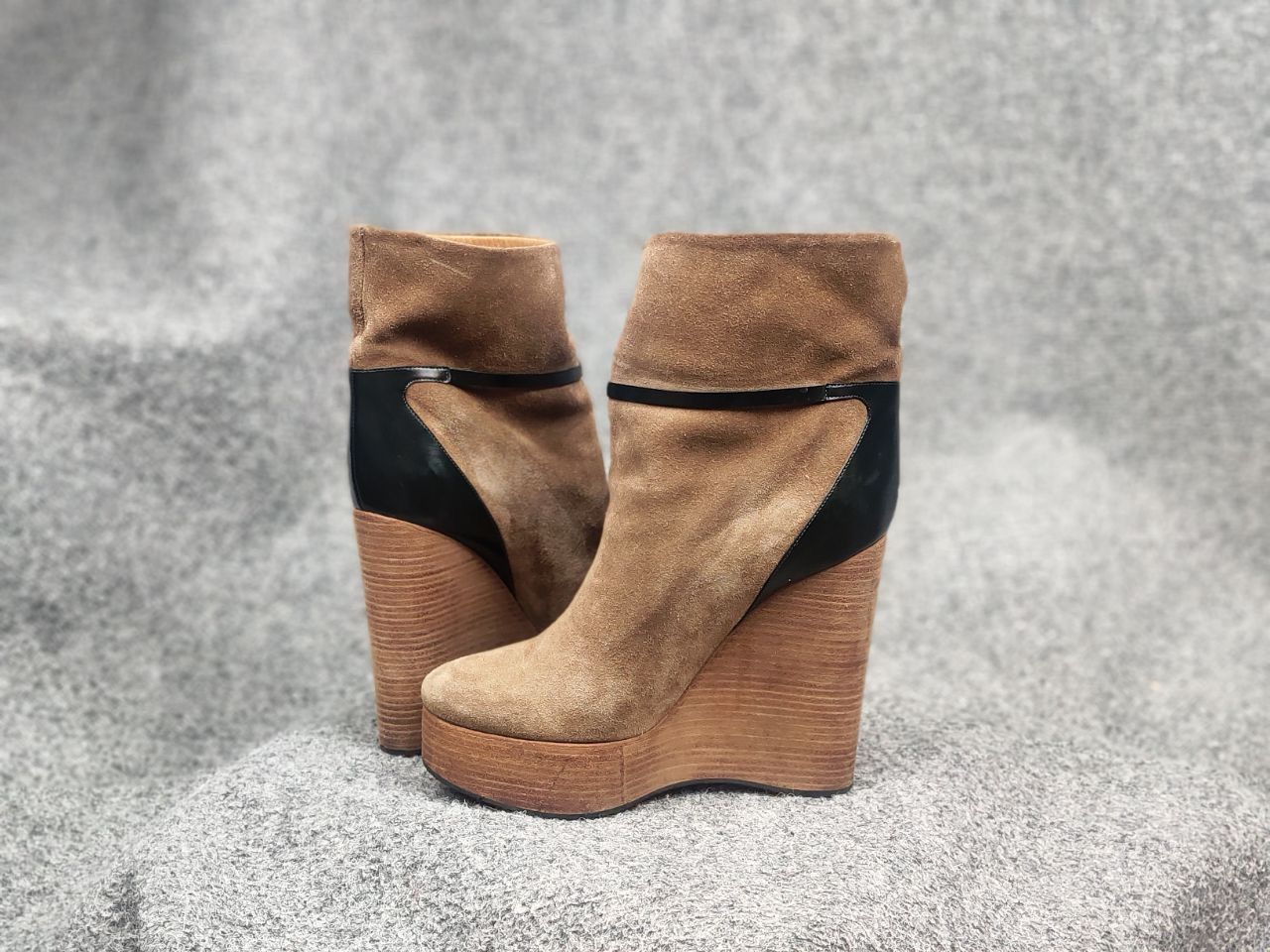 Chloé Marron Suede Beige Wedge Wooden Platform Heel Boots