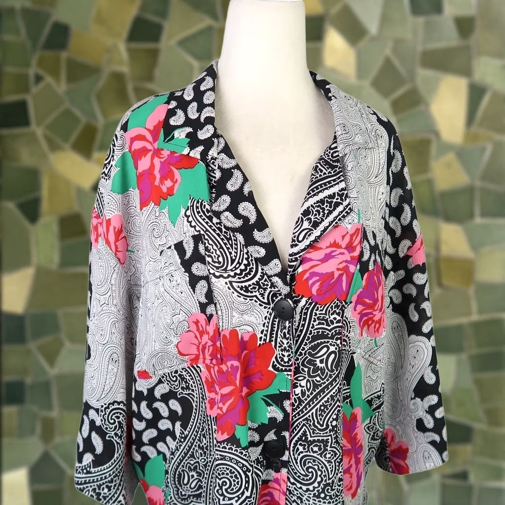 Pinko VINTAGE 80s KH II White Black Pink Floral Tunic Top Blouse Short Sleeve 12 Women Bohemian Casual Size XL / US 12-14 / IT 48-50 - 1 Thumbnail