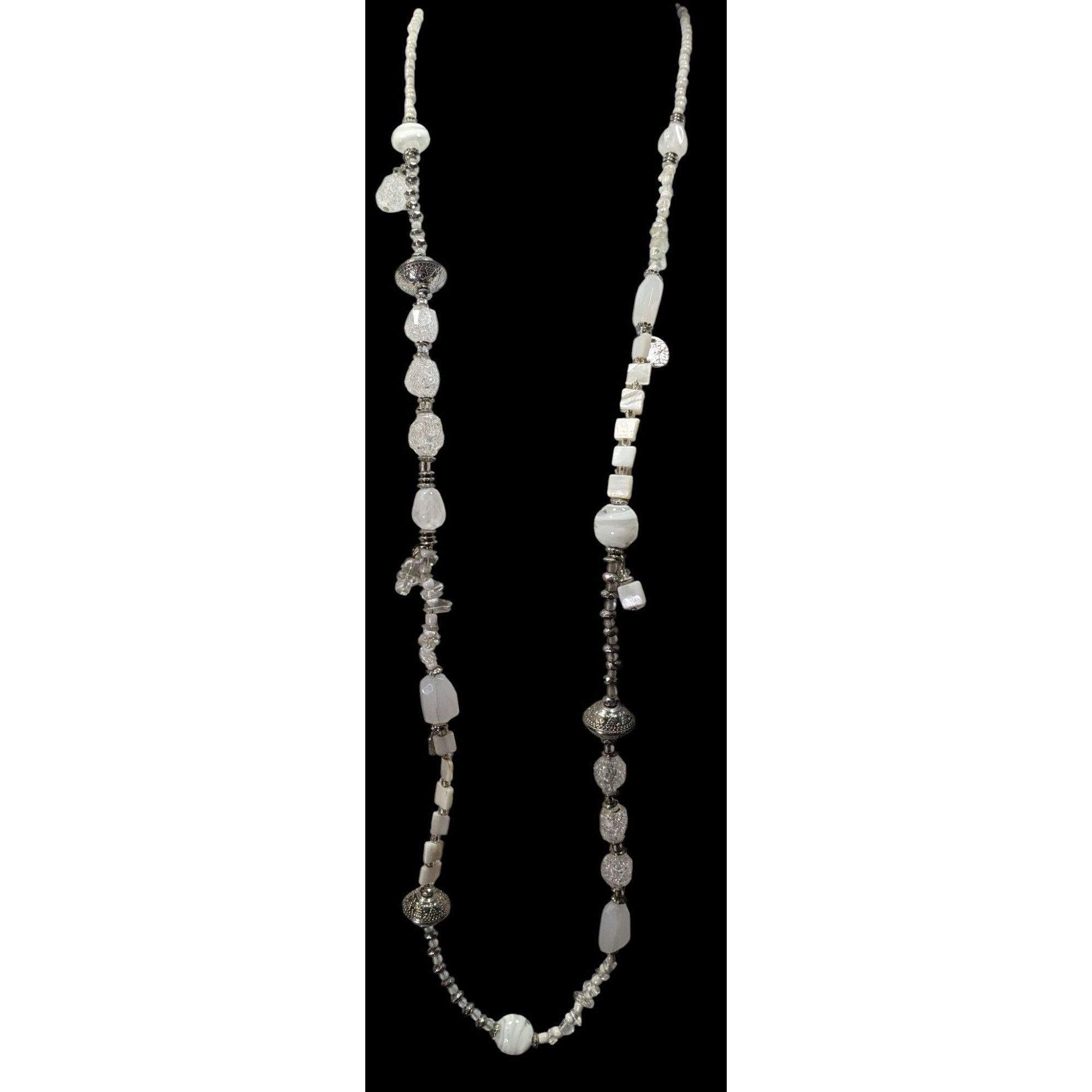 Chicos Chico's Snowy White And Silver Tone Glass And Acrylic Beaded Size ONE SIZE - 2 Thumbnail