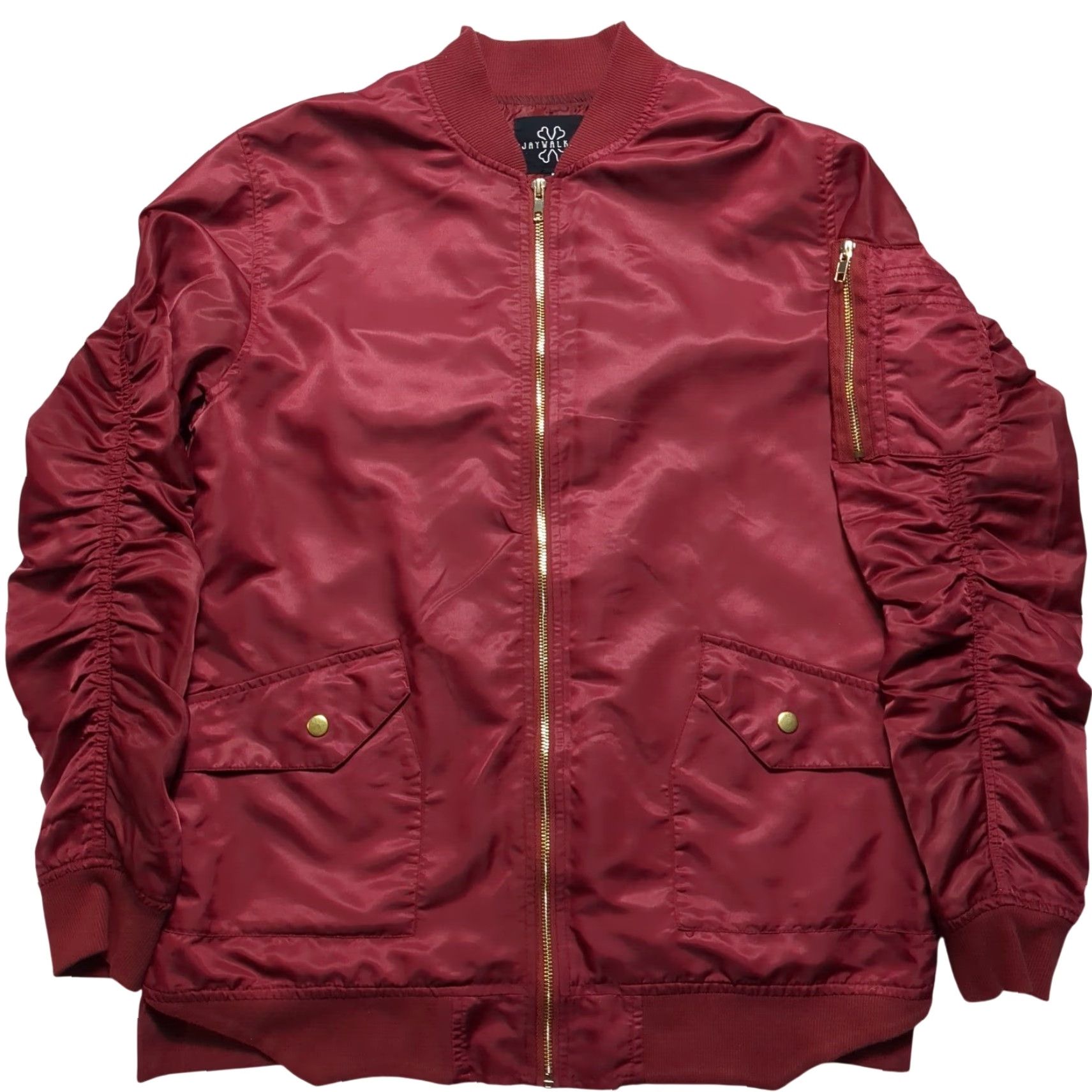 Vintage Jaywalker Bomber Jacket Ruched Sleeve Burgundy Gold Trim Nylon Men Medium Size US M / EU 48-50 / 2 - 2 Thumbnail