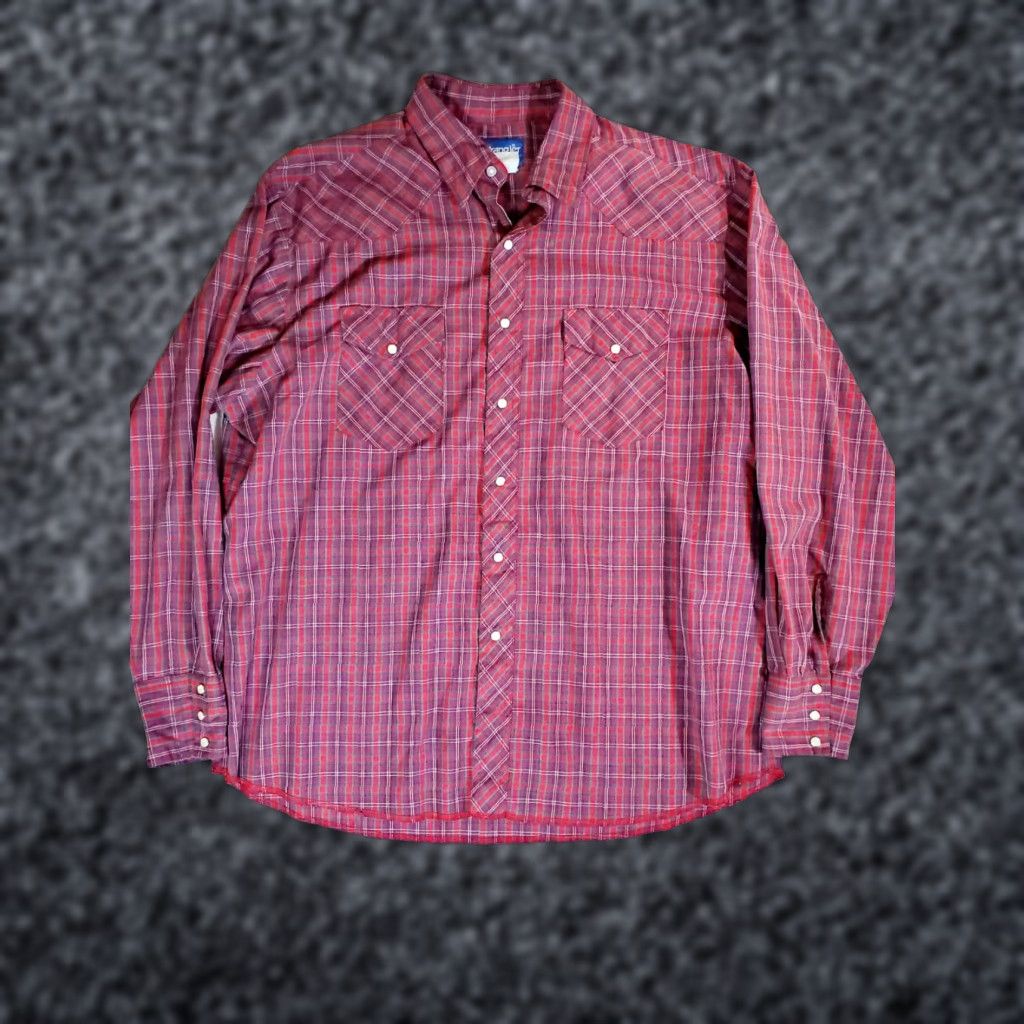 Wrangler VINTAGE Wrangler Western Pearl Snap Shirt Long Tails Made In USA Red Plaid XL Shirt Mens Western 70s 80s Cowboy Rockabilly USA Size US XL / EU 56 / 4 - 1 Thumbnail