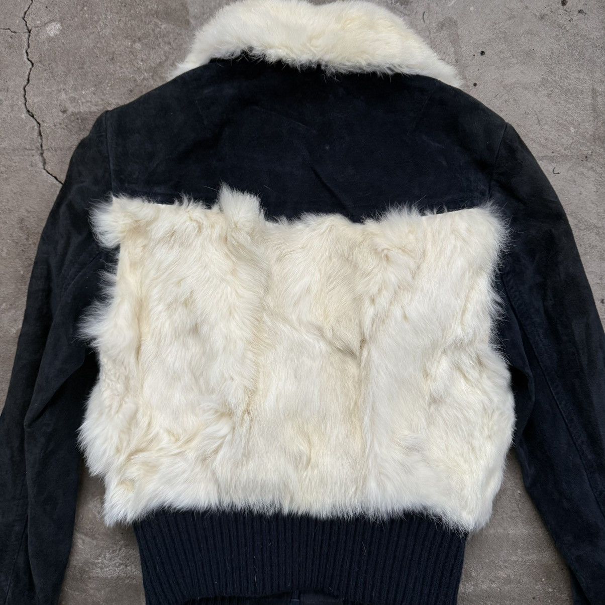 Le Grande Bleu (L.G.B.) Vintage Echt Leder Rabbit Fur Suede Navy Bomber Jacket Size XS / US 0-2 / IT 36-38 - 6 Thumbnail