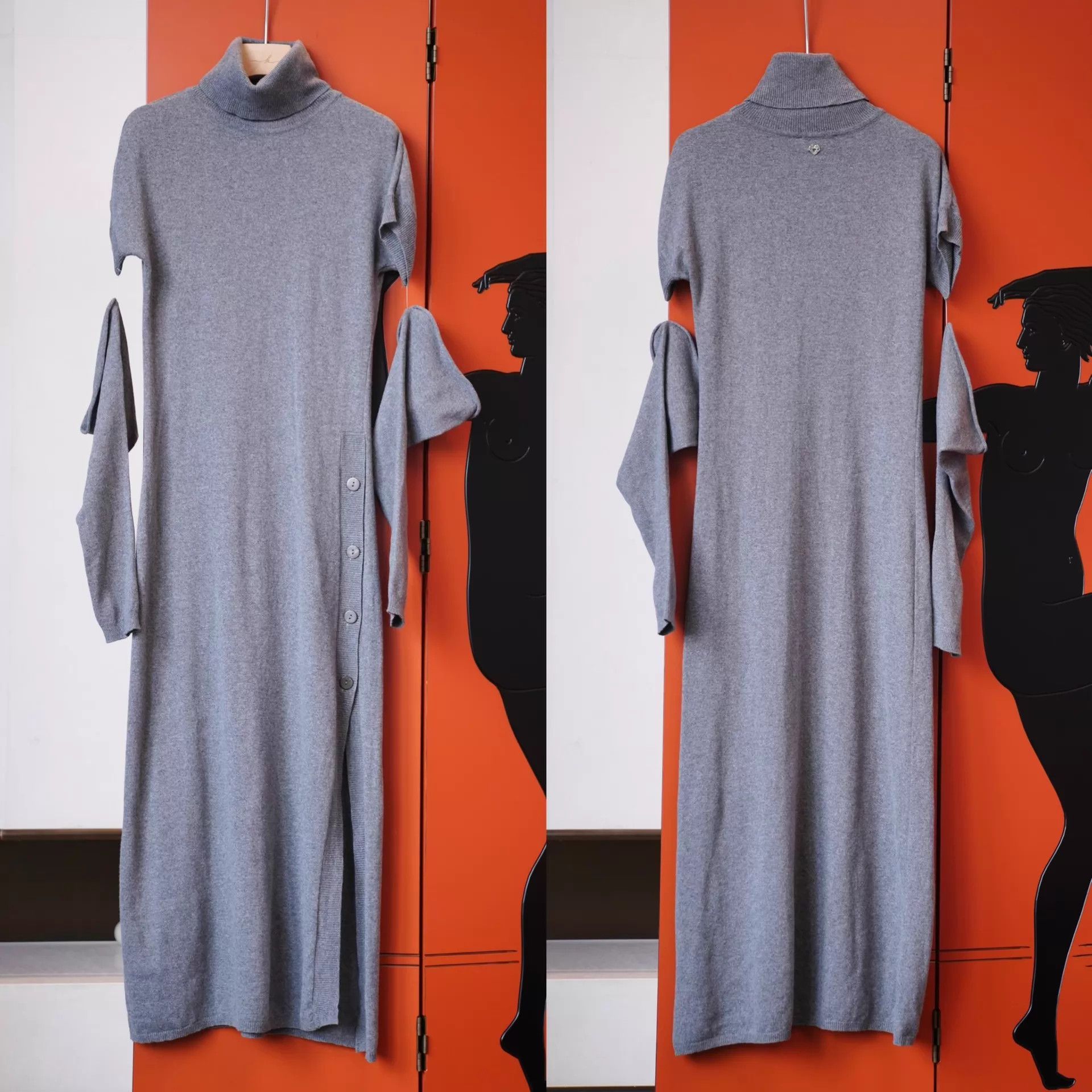 Other Italian Gray Wool-Cashmere Knit High Neck Side Slit Dress Size S / US 4 / IT 40 - 2 Thumbnail