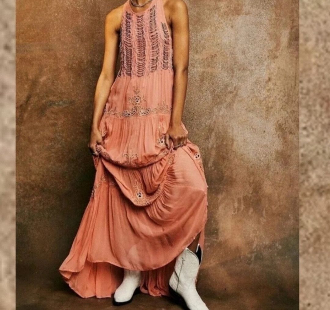 image of NWT Free People Moonlight Shimmers Beaded Maxi Dress in Coral, Women's (Size XS)