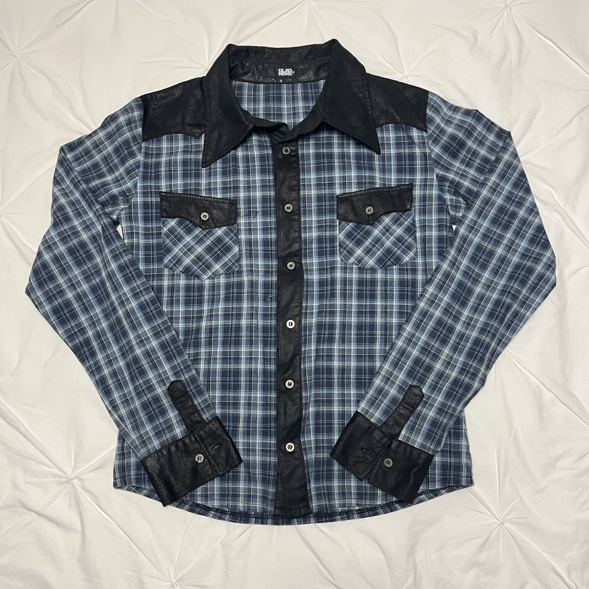 If Six Was Nine × Le Grande Bleu (L.G.B.) × Tornado Mart Pearl Snap Glad News Button Up Cracked Leather/Flannel Size US XS / EU 42 / 0 - 1 Thumbnail