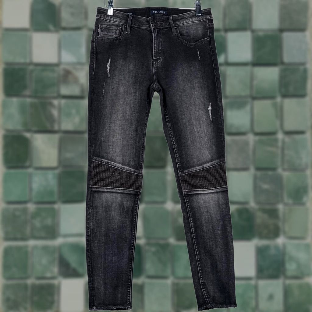Vintage VIGOSS Chelsea Skinny Jeans Black Moto Ribbed Knee Distressed Raw Hem Jeans Women 27x27 Slim Stretch 5-Pocket Biker Rock 90s Vintage No Size 27" / US 4 / IT 40 - 1 Thumbnail