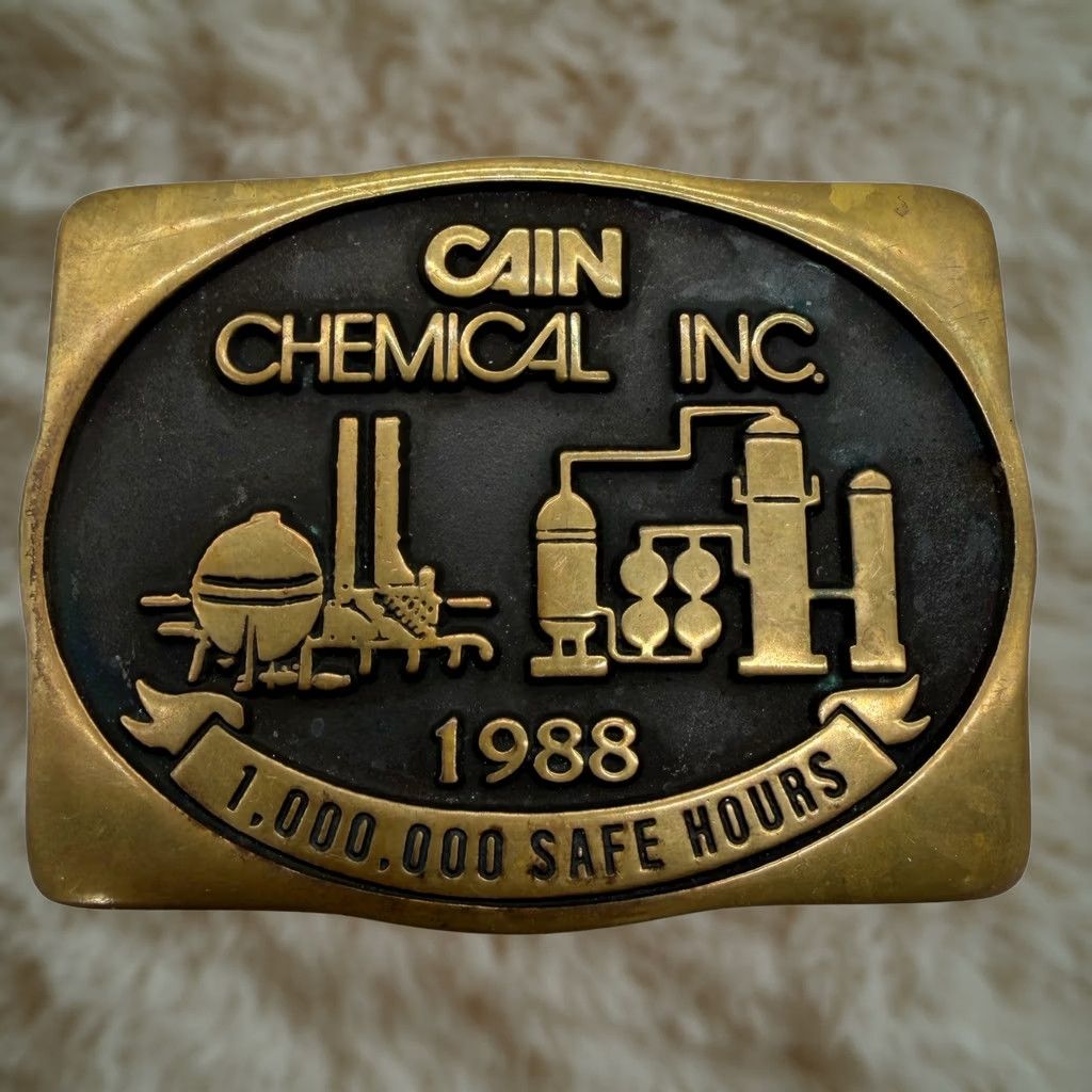 Vintage VINTAGE Cain Chemical Belt Buckle Bronze Brass 1988 Safe Hours Handmade Advertising Anacortes Brass Works Belt Buckle Bronze 1970s Mens Size ONE SIZE - 1 Thumbnail