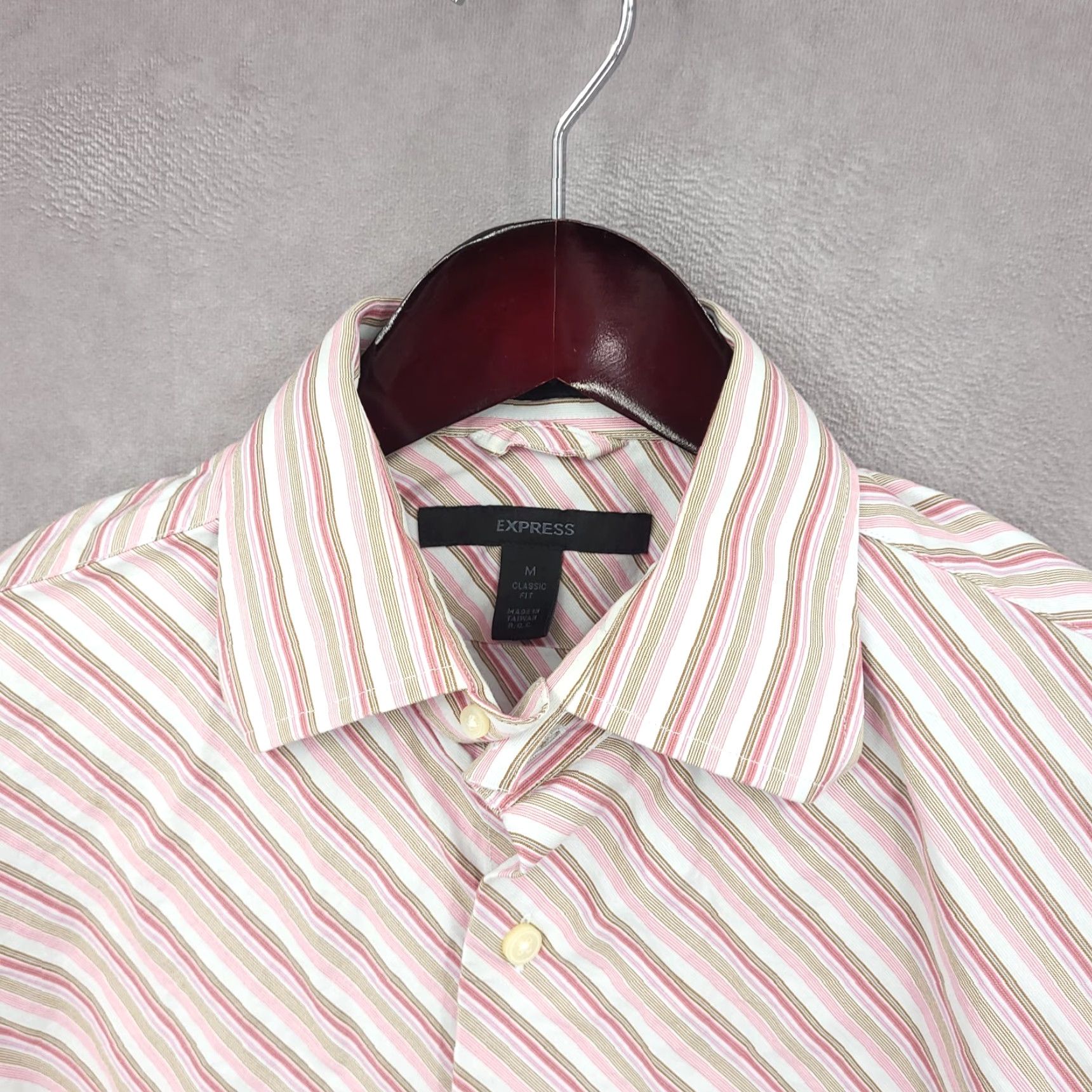 Express Express Shirt Mens Medium Pink Striped Classic Fit Button Up Polyester Blend Size US M / EU 48-50 / 2 - 4 Thumbnail
