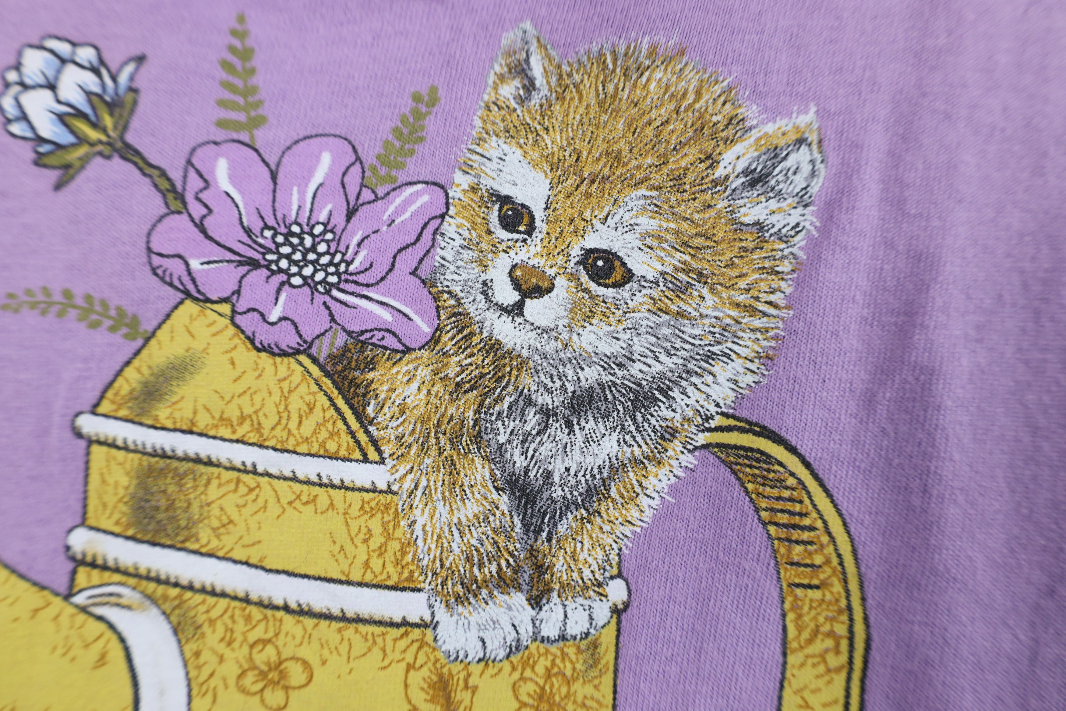 Vintage Vintage 90s Y2K Babydoll Flower Cat Kitten T-Shirt Purple Size L / US 10 / IT 46 - 5 Thumbnail