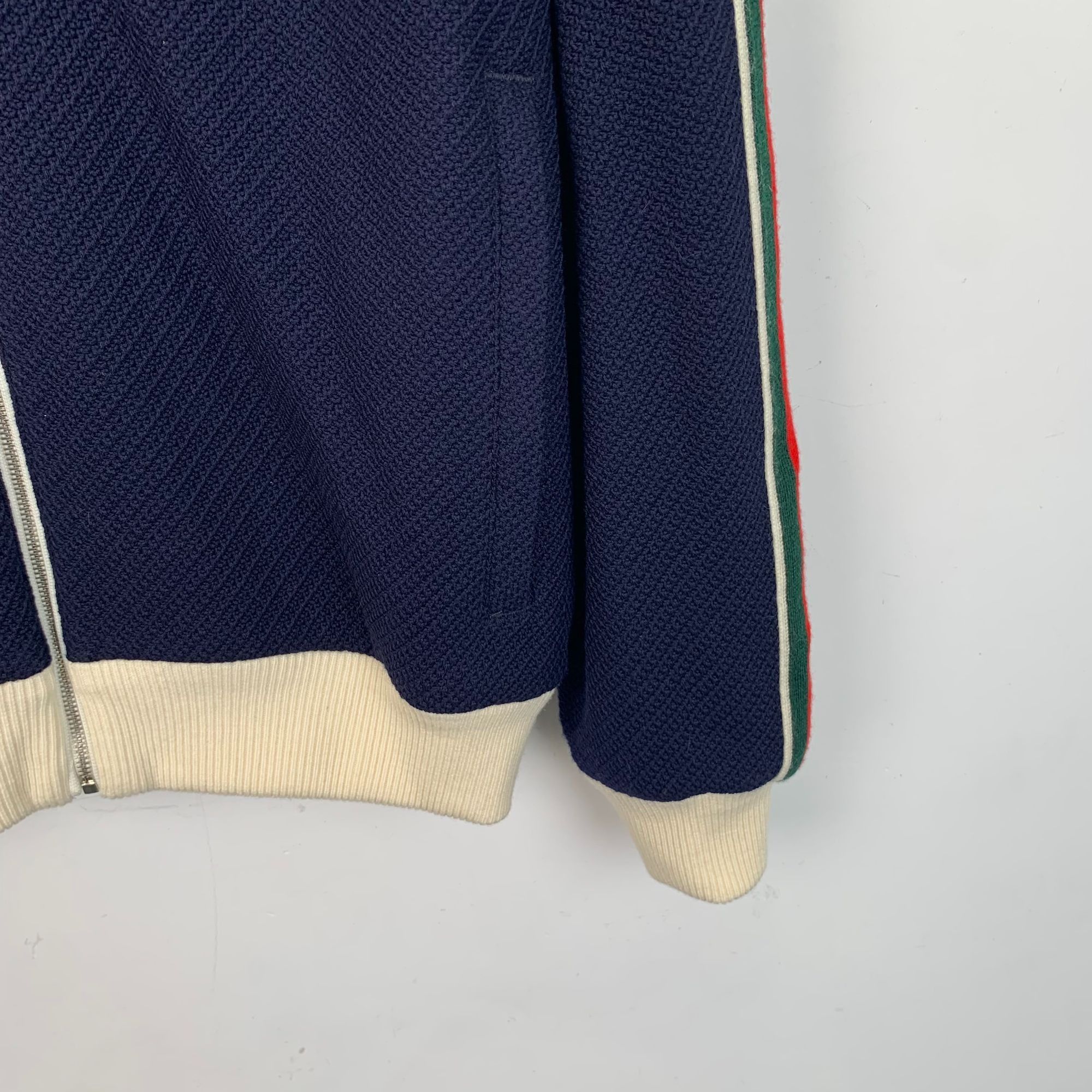 Gucci Navy Hooded Zip-Up Sweatshirt With Red & Green Stripes