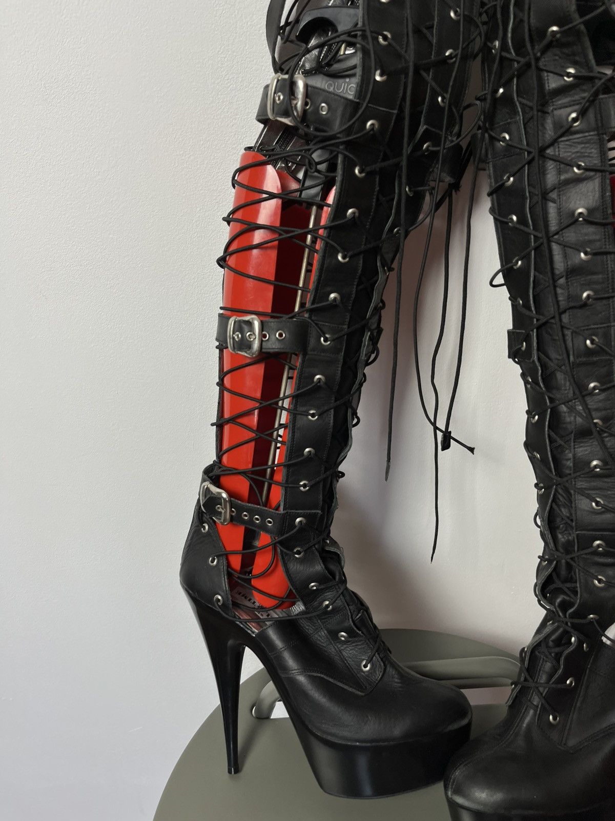 If Six Was Nine × Japanese Brand Gothic Thigh High Platform Heels with Laces and Buckles Size US 8 / IT 38 - 3 Thumbnail