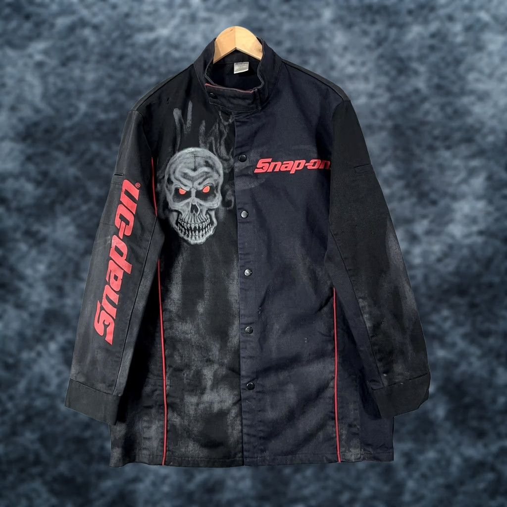 Vintage VINTAGE Snap-on FR Welding Jacket 2XL Skull Graphic Workwear Biker Shirt/Coat Mens Black Zip Pockets Distressed Canvas Leather look Size US XXL / EU 58 / 5 - 1 Thumbnail